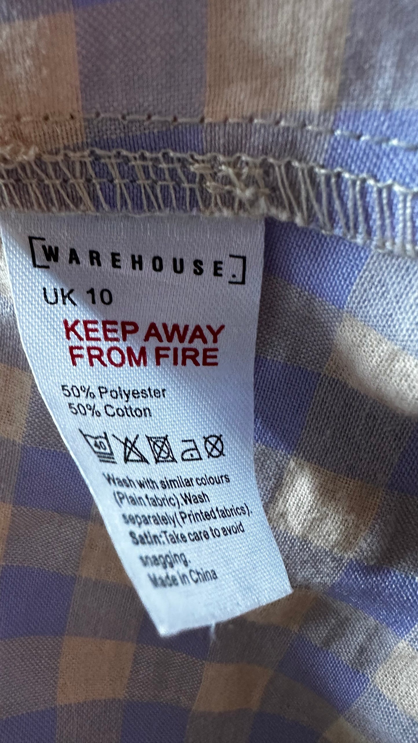 Warehouse lilac beige gingham check midi shirred dress small UK 10 new bnwt