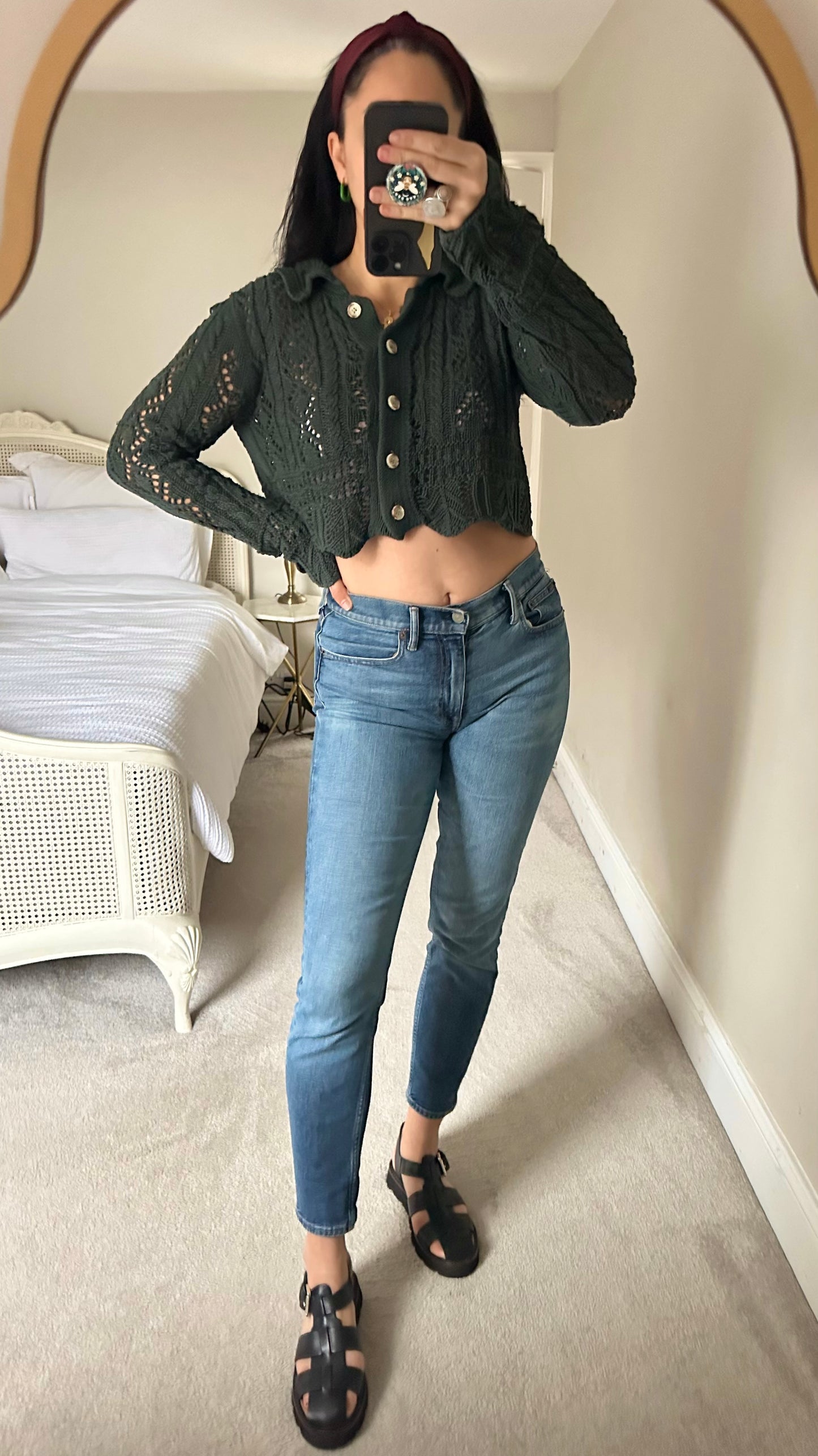 Zara deep green crochet knitted cardigan small cropped UK 8 10 vgc