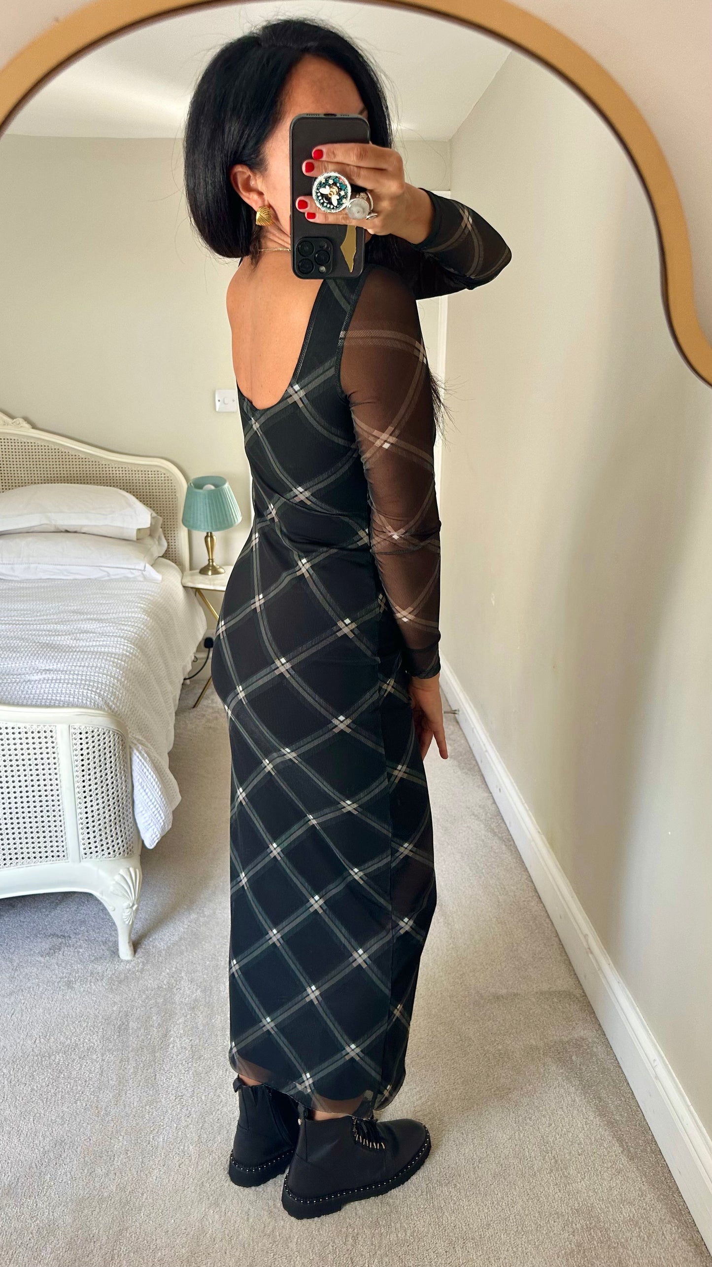 ASOS black gingham check maxi midi long event mesh dress small UK 8 10 vgc