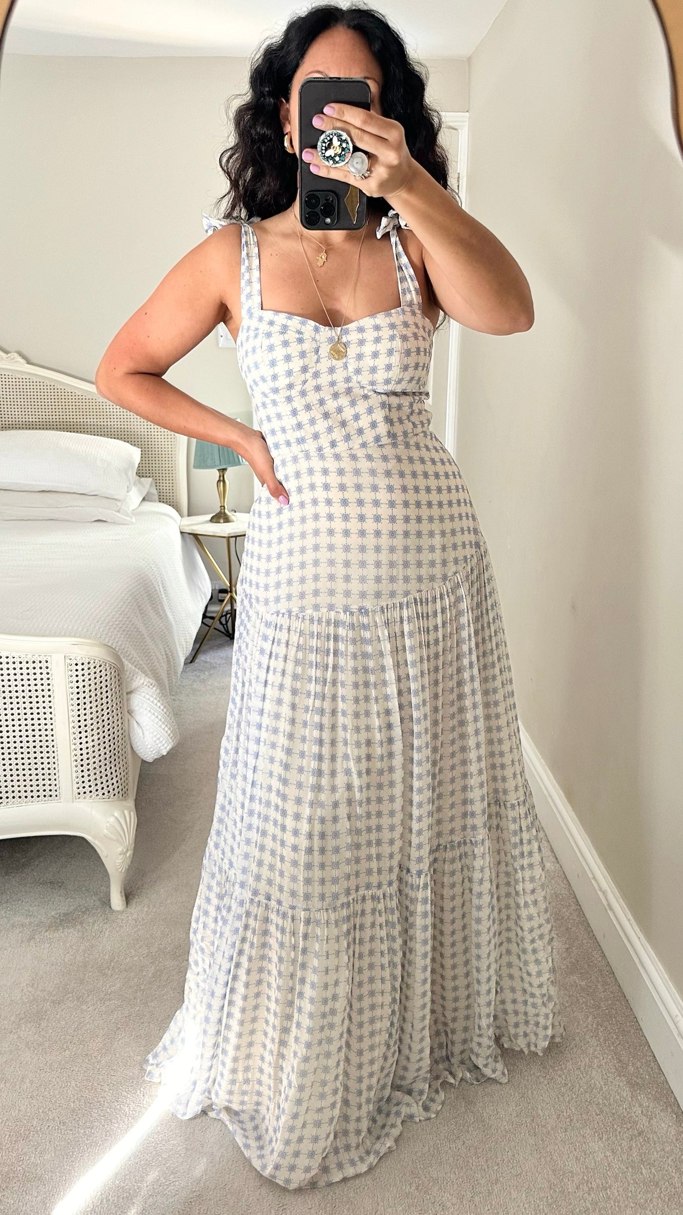 By Malina @Harvey Nichols cream blue print tiered maxi dress wedding guest small medium SM UK 8-10 vgc