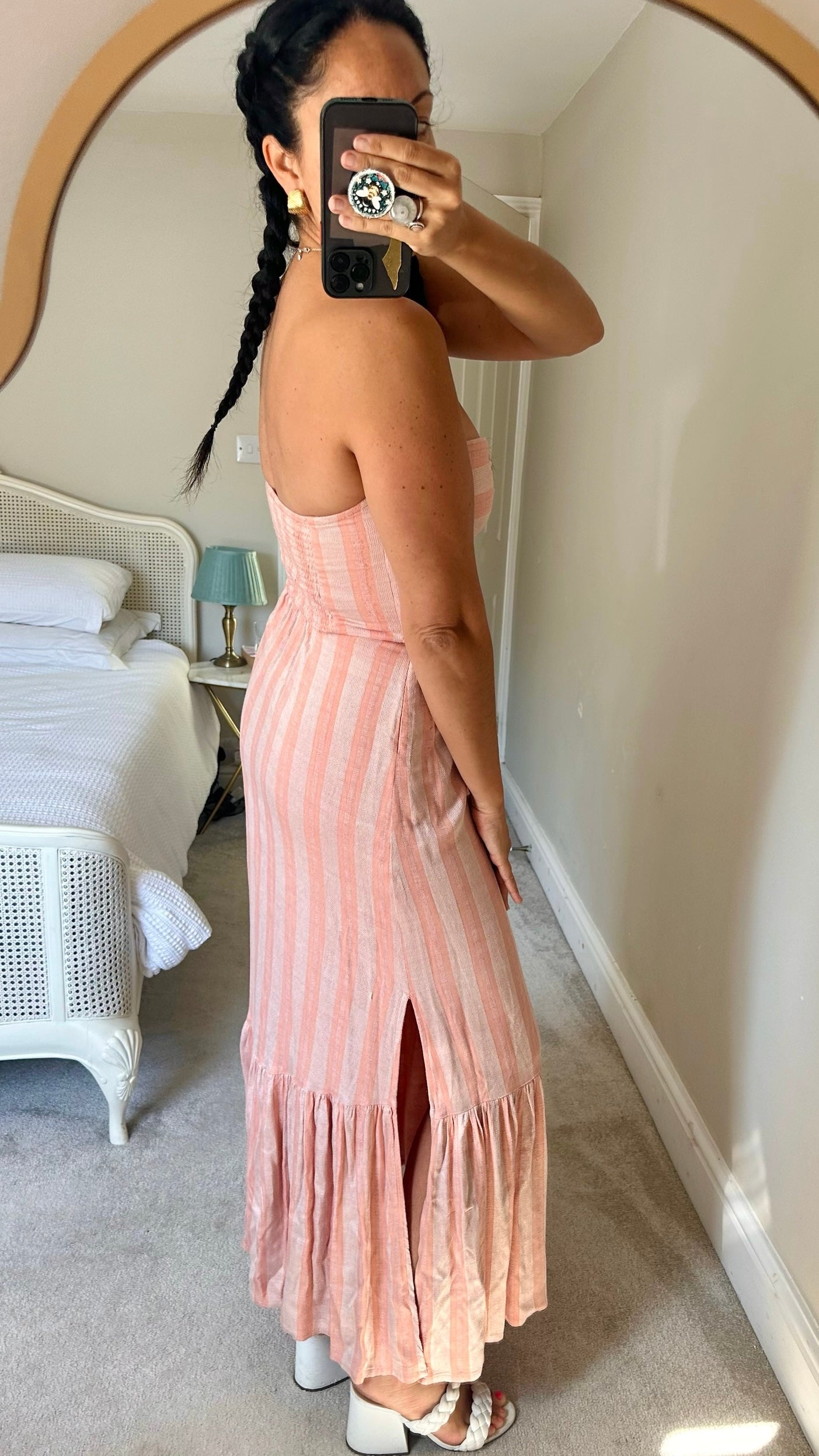 LA Space @Revolve coral pink stripe strapless linen blend maxi dress holiday vgc