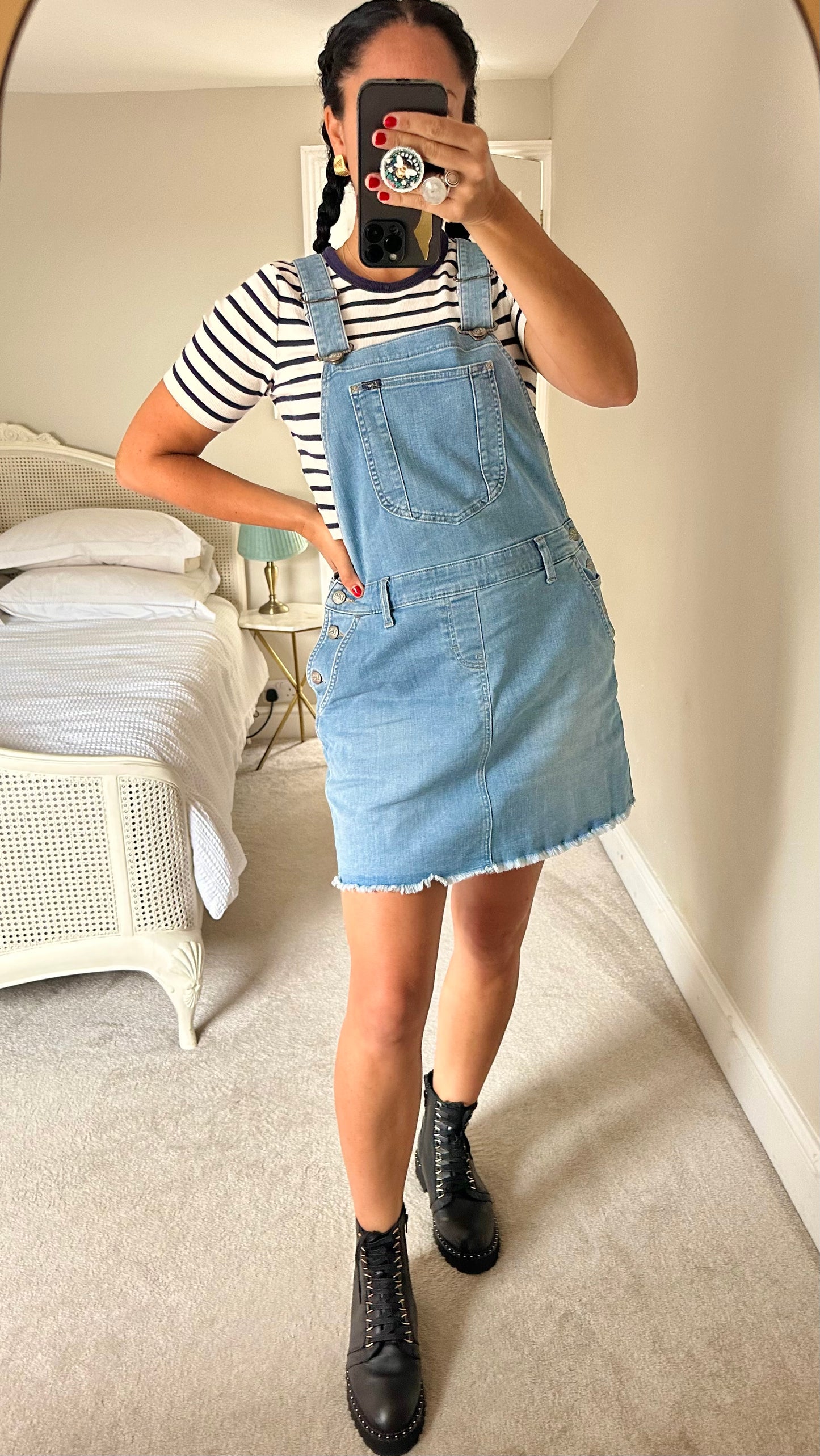 Lee light blue denim mini dungaree casual dress large UK 12 vgc w25
