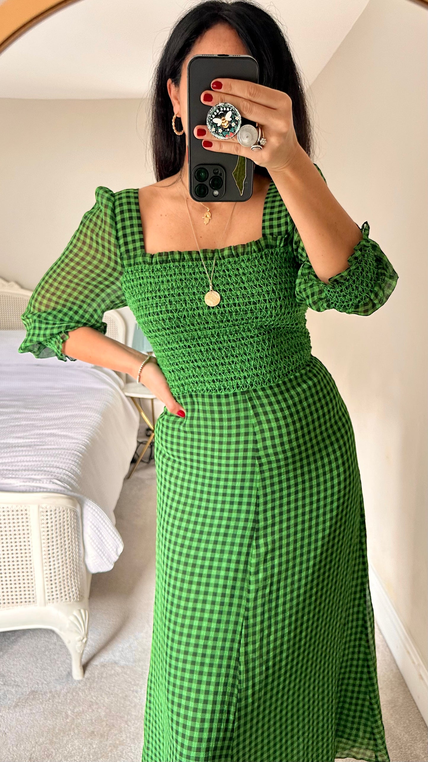 Whistles black green gingham shirred bust midi dress small UK 8 vgc