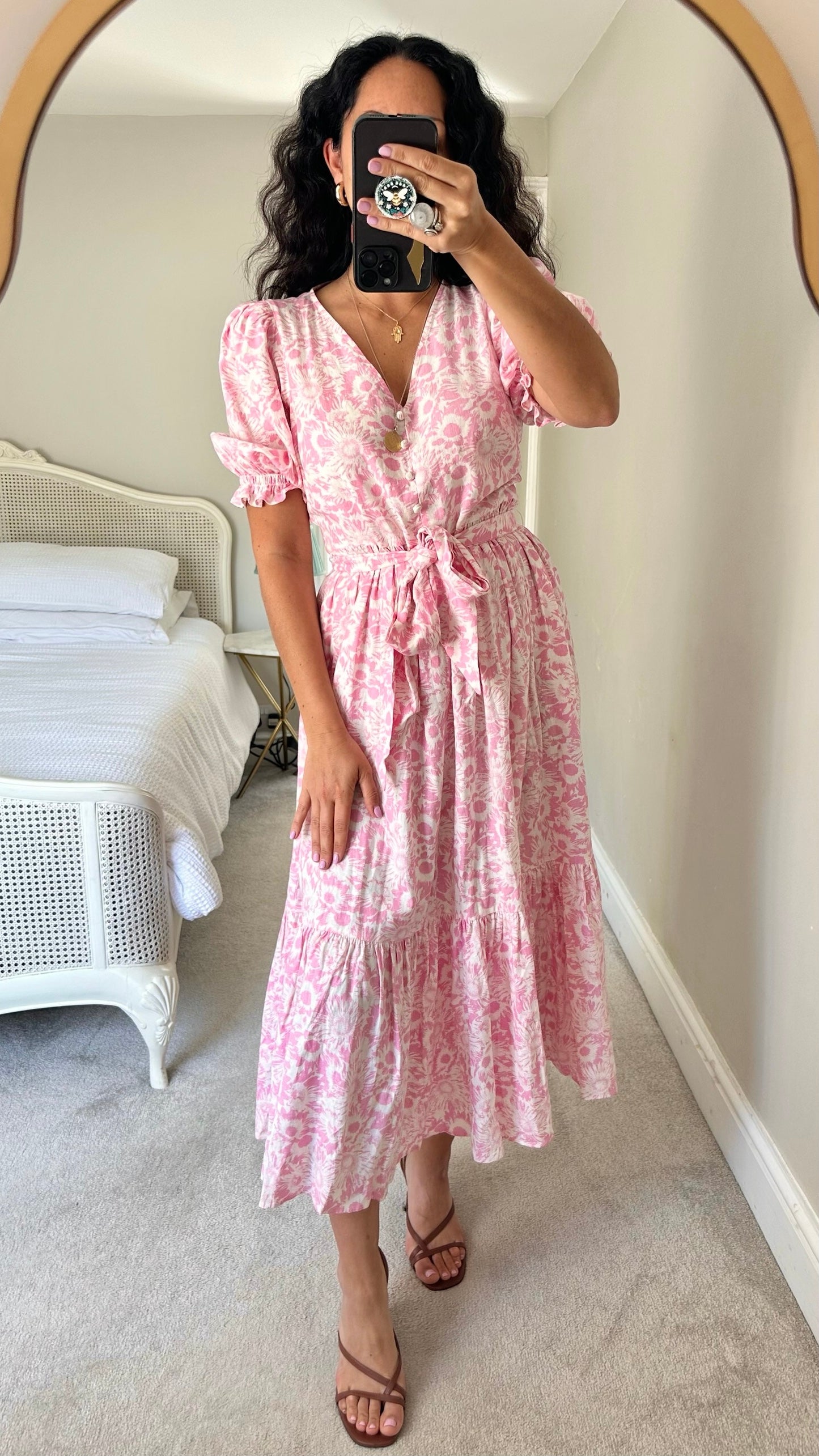 Oliver bonas white pink floral linen blend holiday dress medium UK 10 vgc