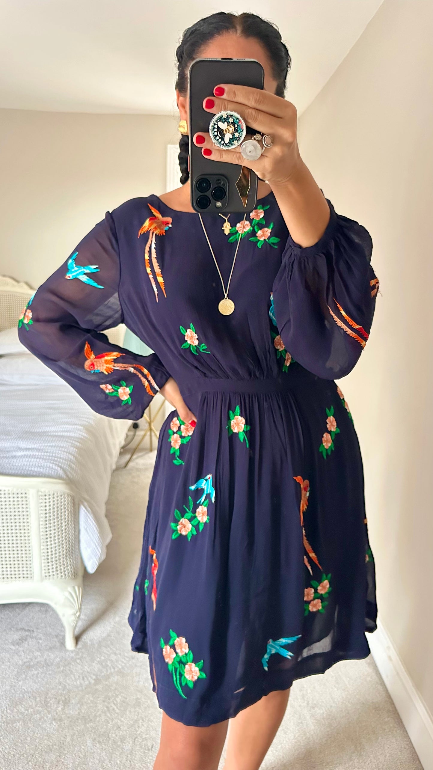 Whistles navy blue bird print embroidered event dress extra large UK 12-14 vgc w25