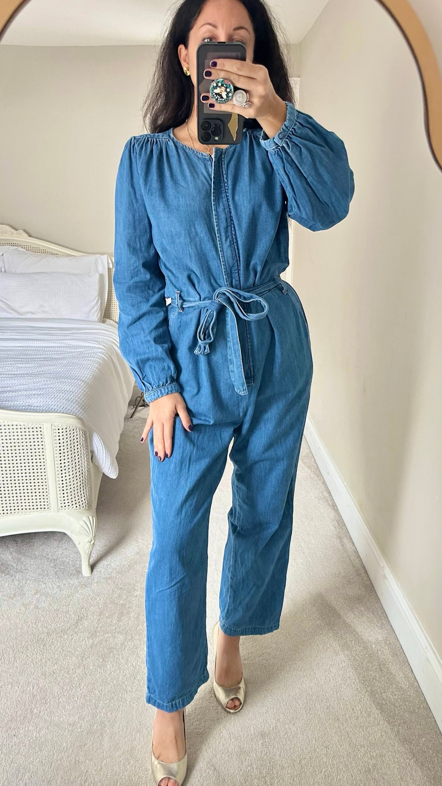 Oliver Bonas light blue denim tie waist jumpsuit boilersuit extra large UK 14 vgc