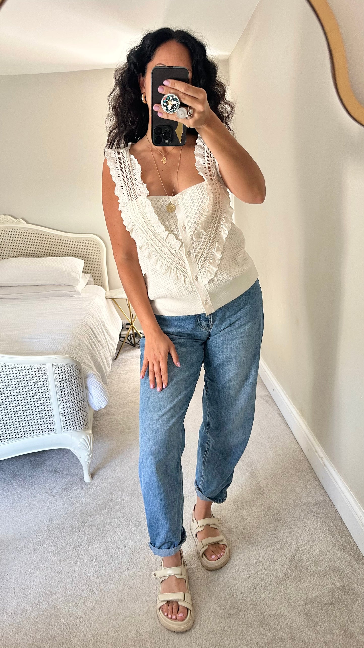 Pilcro @ Anthropologie cream knitted boho top vest lace extra large UK 14 vgc