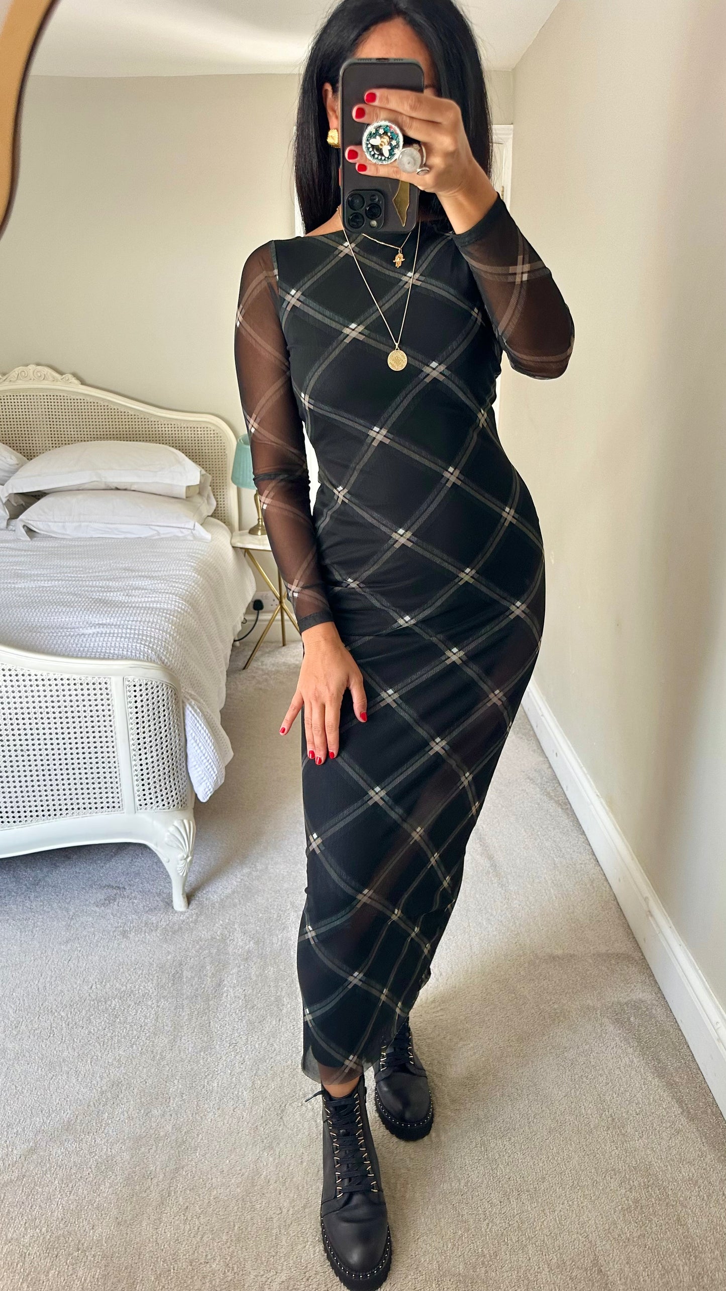 ASOS black gingham check maxi midi long event mesh dress small UK 8 10 vgc