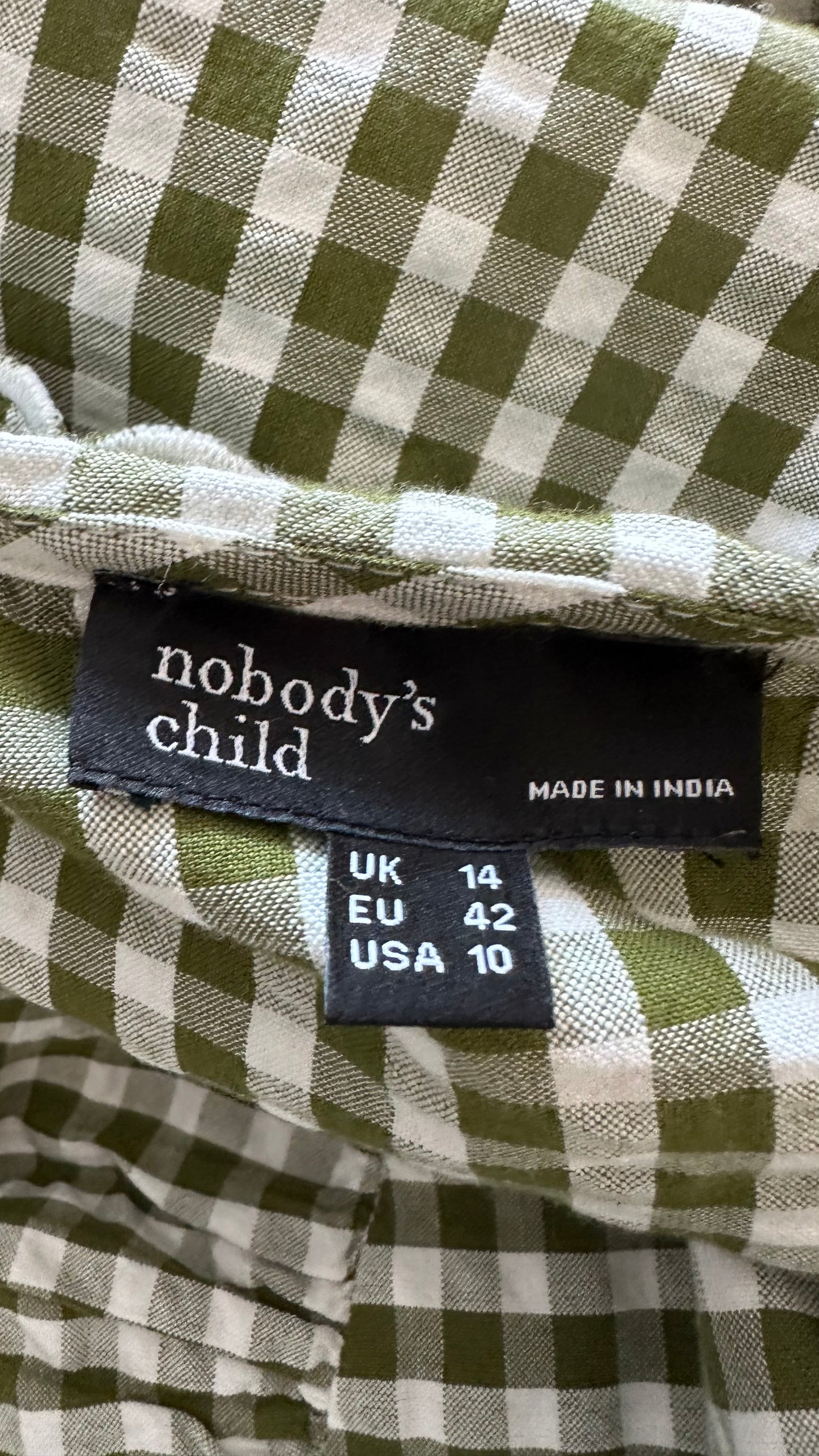 Nobody’s Child khaki green white gingham check mid length casual dress extra large UK 14 vgc
