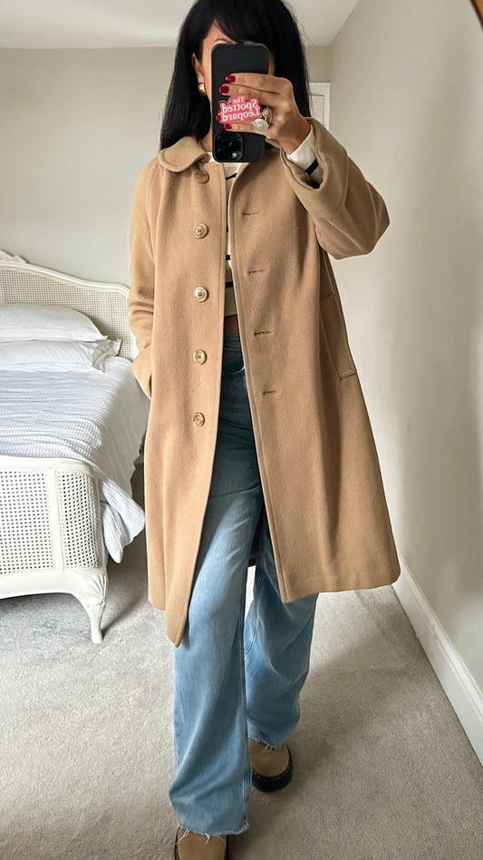 Harrods camel beige pure wool winter coat jacket large UK 12 vintage vgc