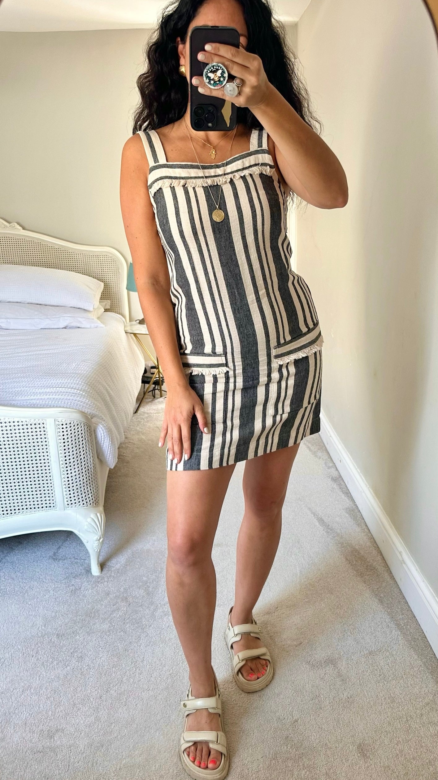Whistles cream beige grey stripe linen blend mini holiday dress medium M UK 10 vgc