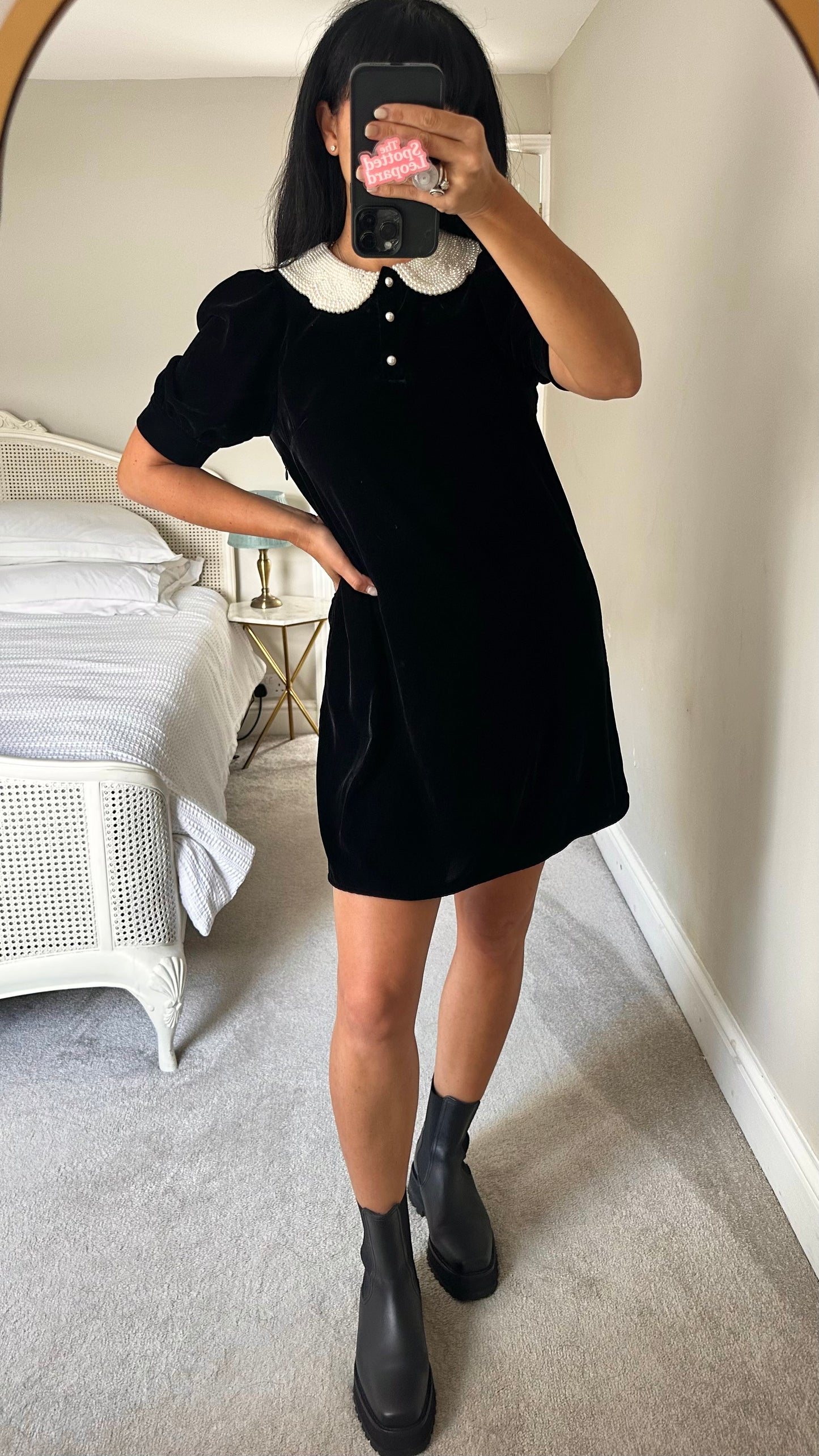 & other stories black velvet Christmas party event mini dress pearl medium UK 10 vgc