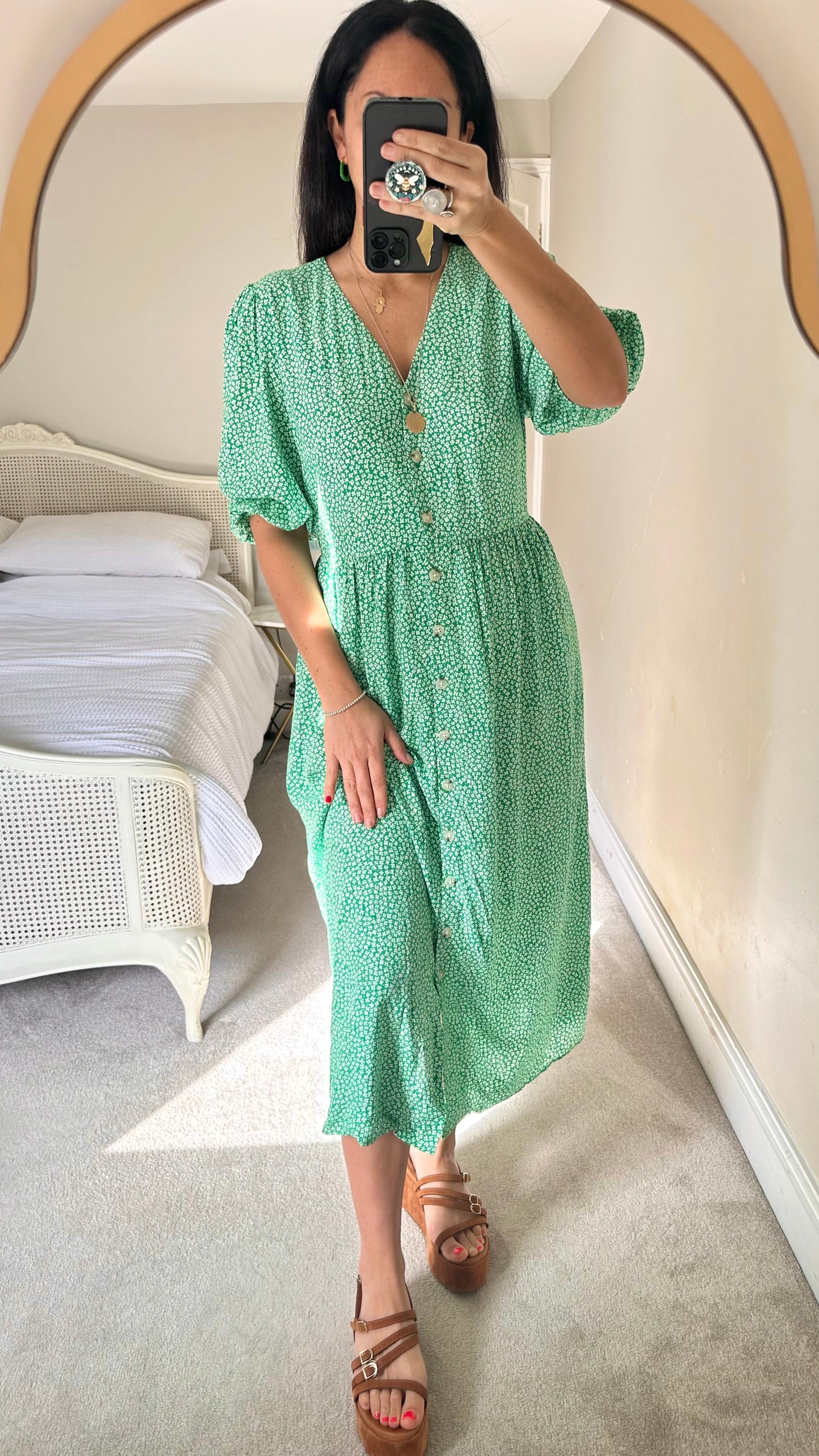 Feather & Bone green white daisy print dress extra large button up dress extra large UK 14 vgc