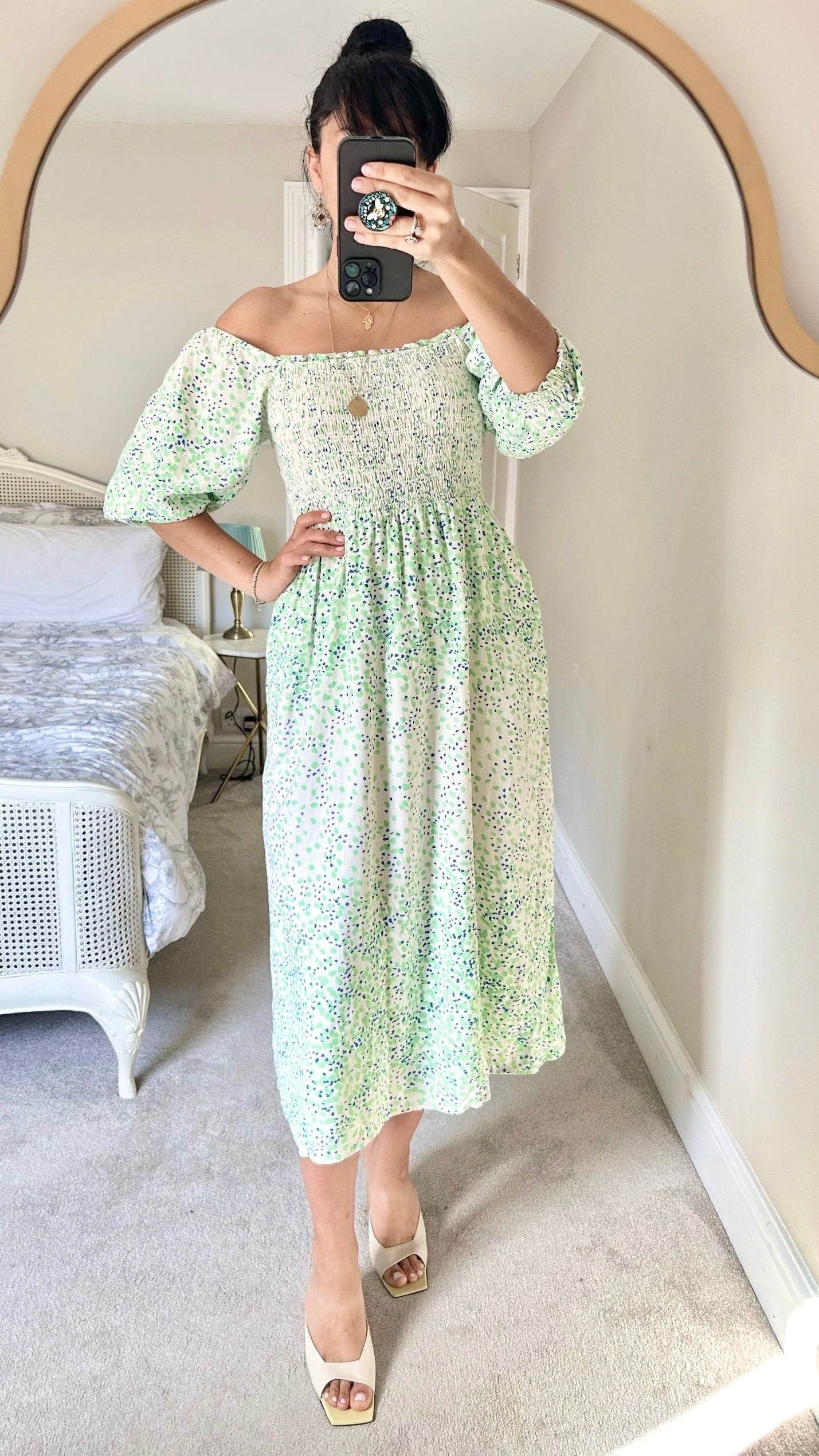 Oliver bonas blue green white polka dot off the shoulder midi dress linen blend extra large UK 14 vgc
