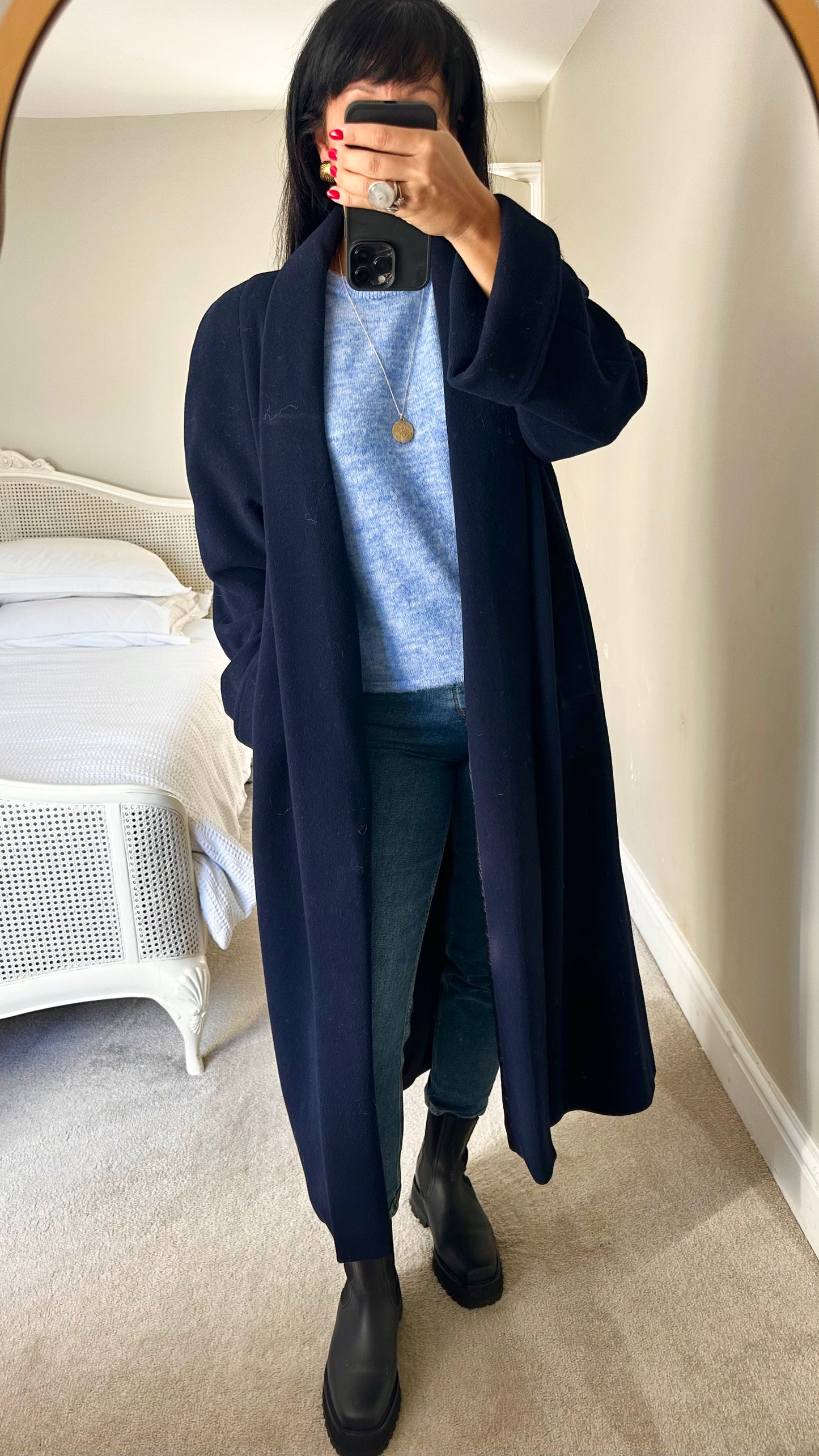 Richard vintage navy blue cashmere wool blend longline maxi coat extra large XL UK 14 excellent used condition