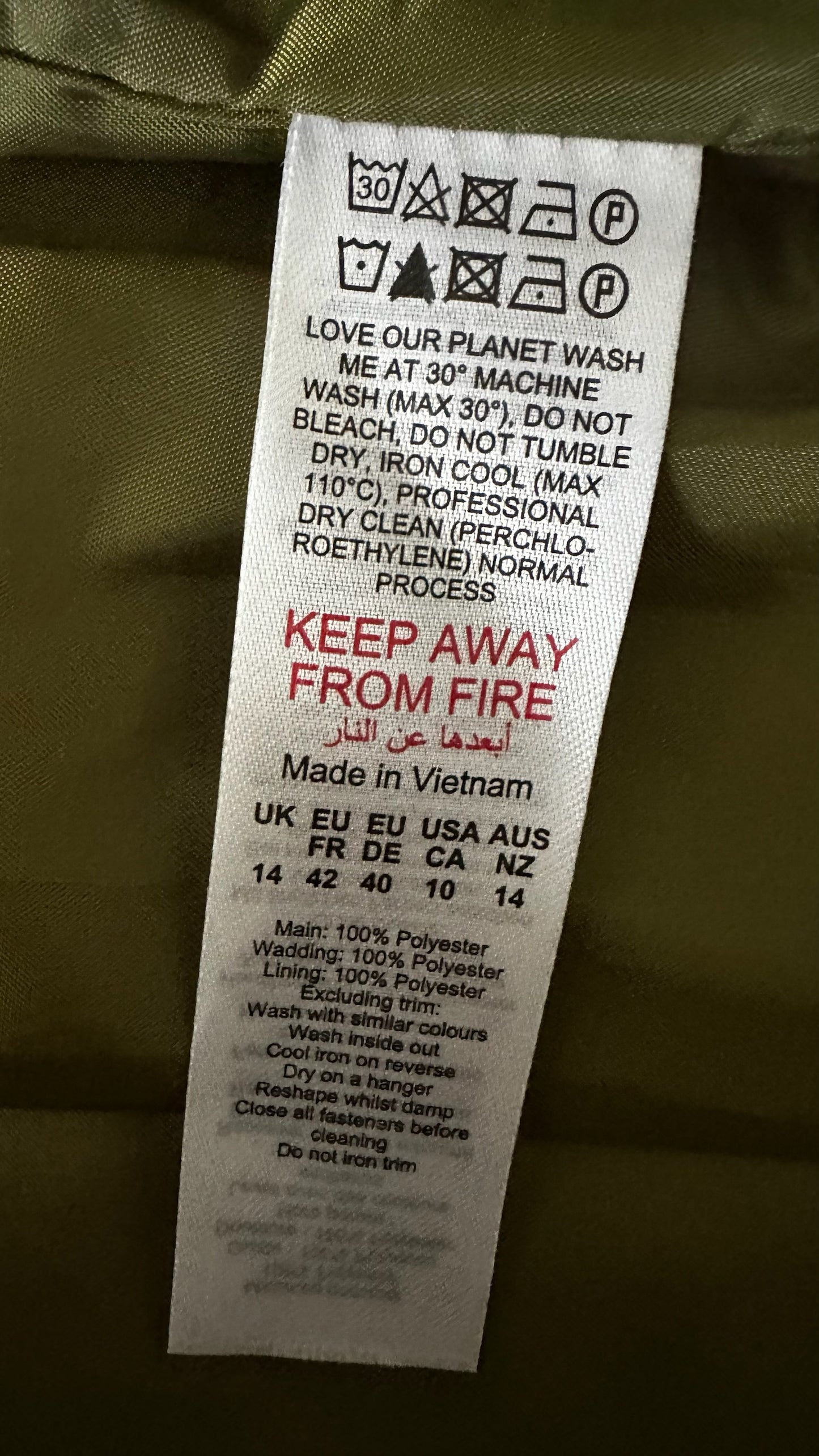 Principles khaki olive green quilted coat jacket extra large UK 14 vgc XMS25