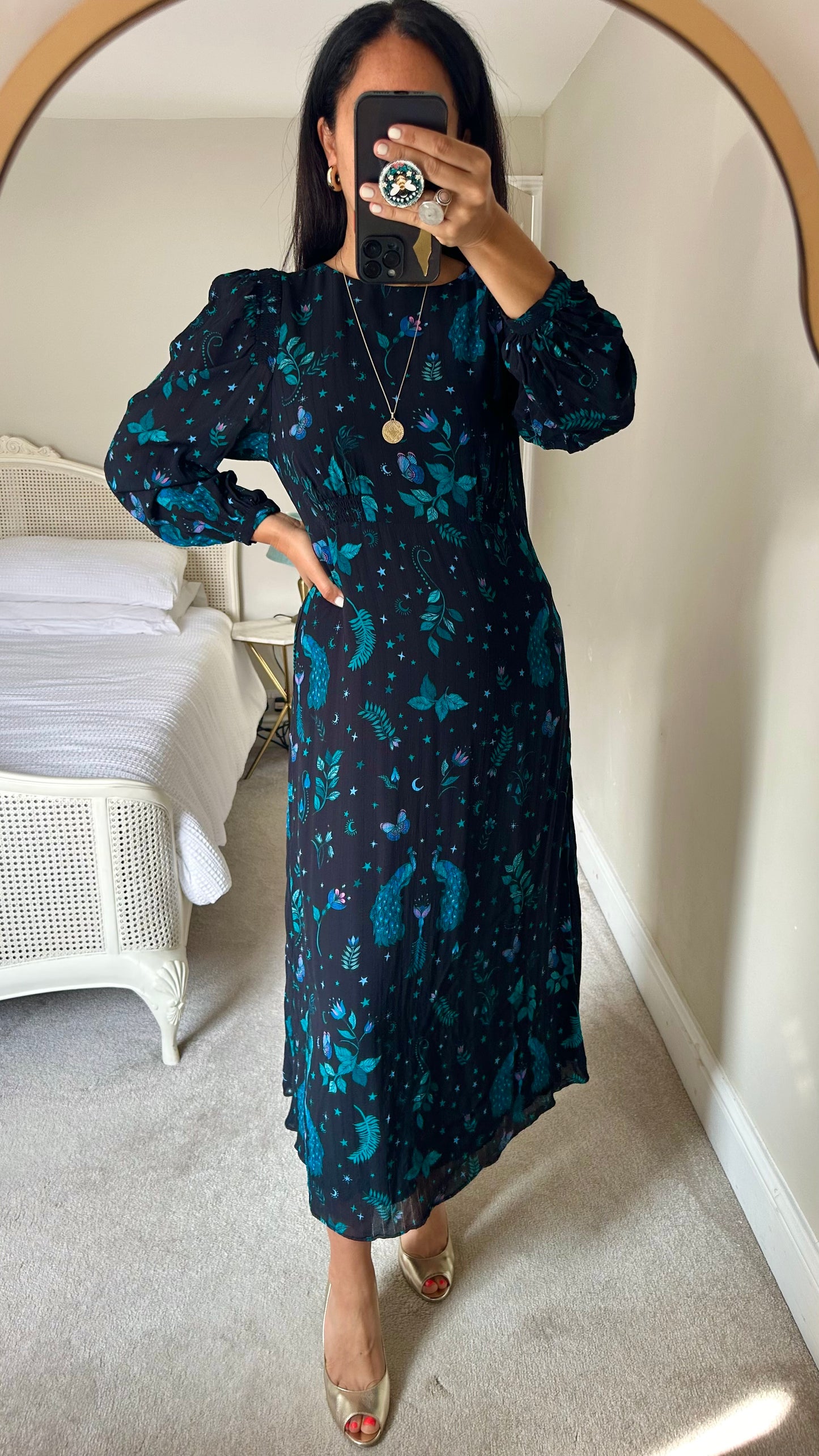 Oliver Bonas black turquoise blue peacock bird fern butterfly mystic gothic Faye dress large UK 12 event vgc