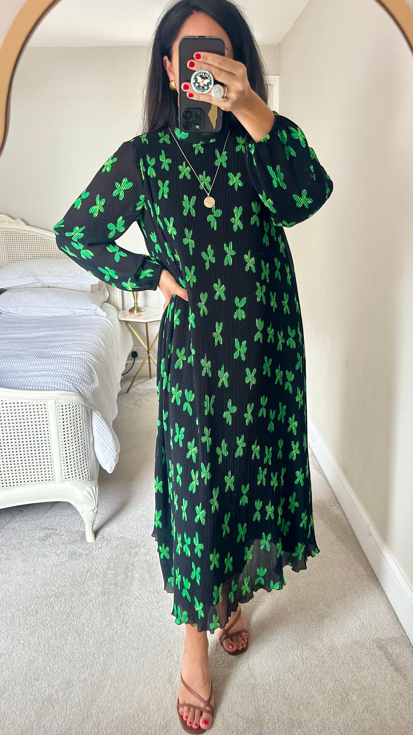 YAS black green floral clover plissé maxi midi long event dress pregnancy UK 12 vgc w25