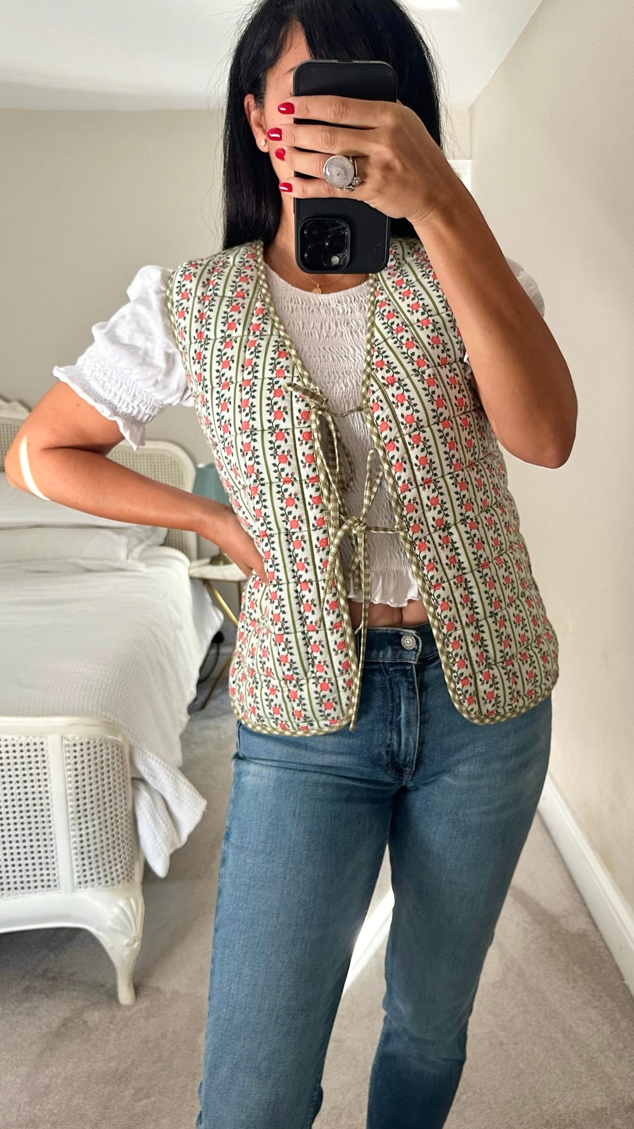 Damson madder green pink gingham quilted reversible waistcoat jacket medium UK 10 vgc