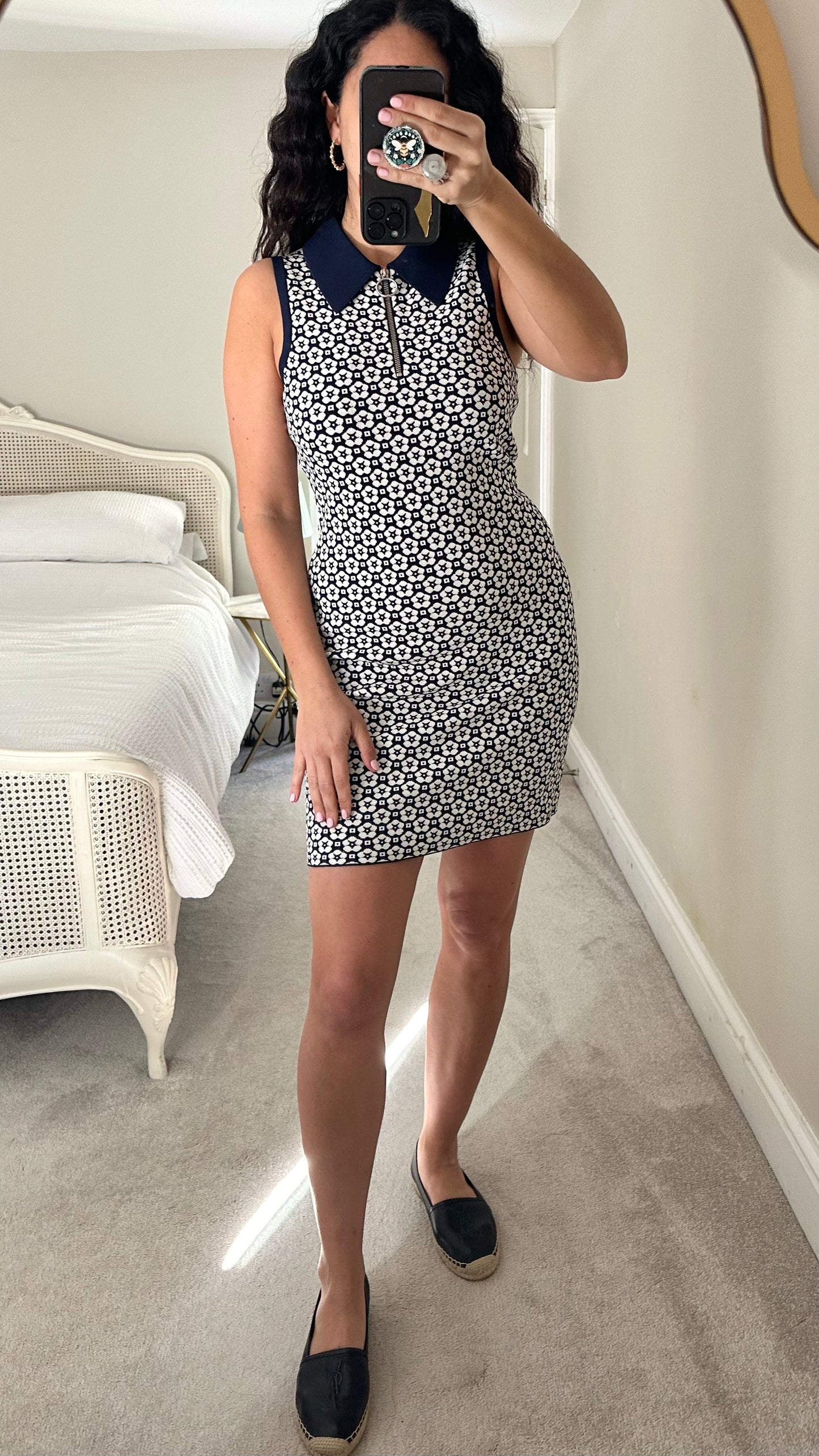& other stories navy blue white floral zip up mini dress small UK 8 10 new bnwot