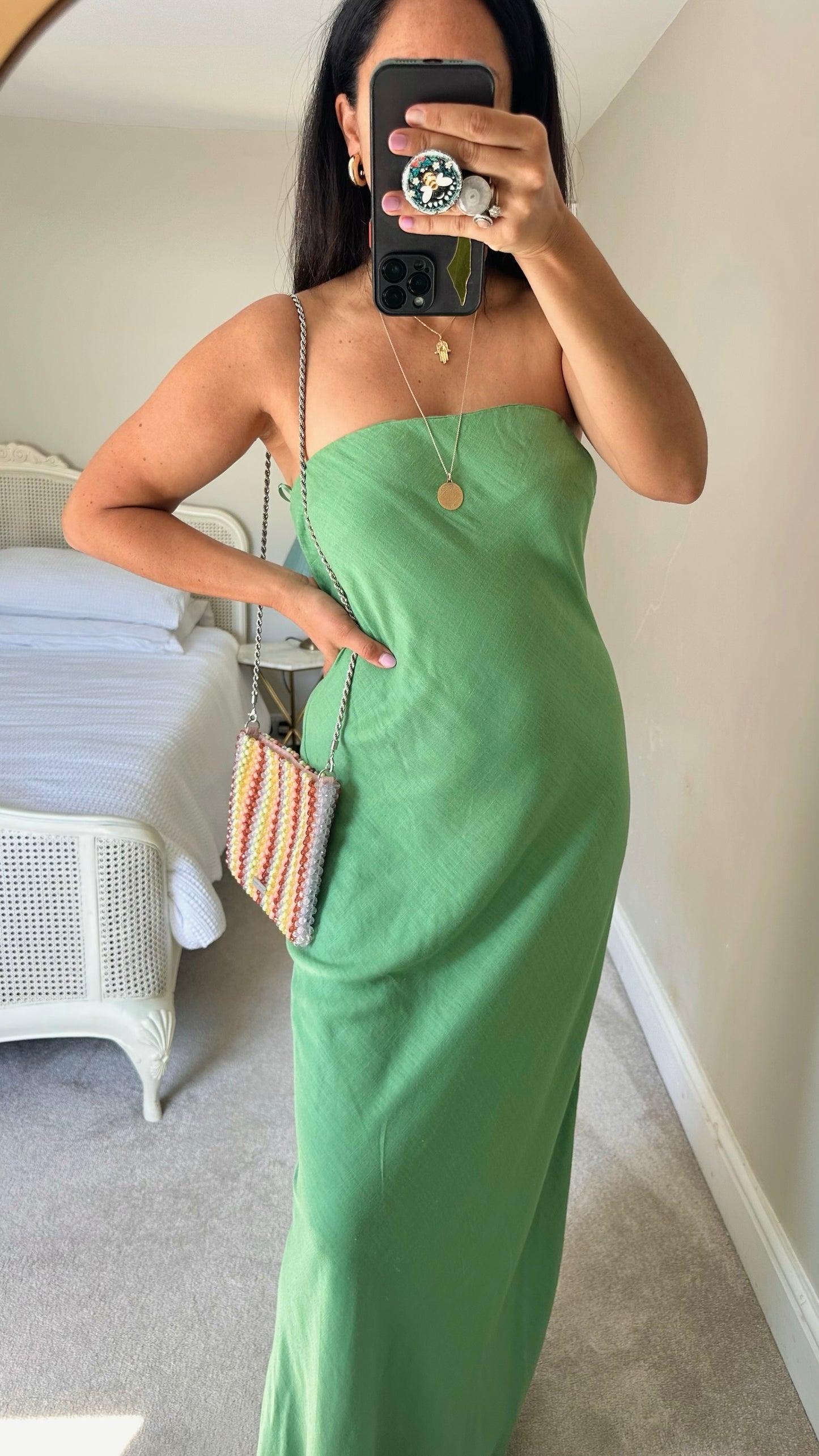 Anthropologie light green linen blend bandeau strapless maxi dress holiday event large L UK 12-14 BNWT