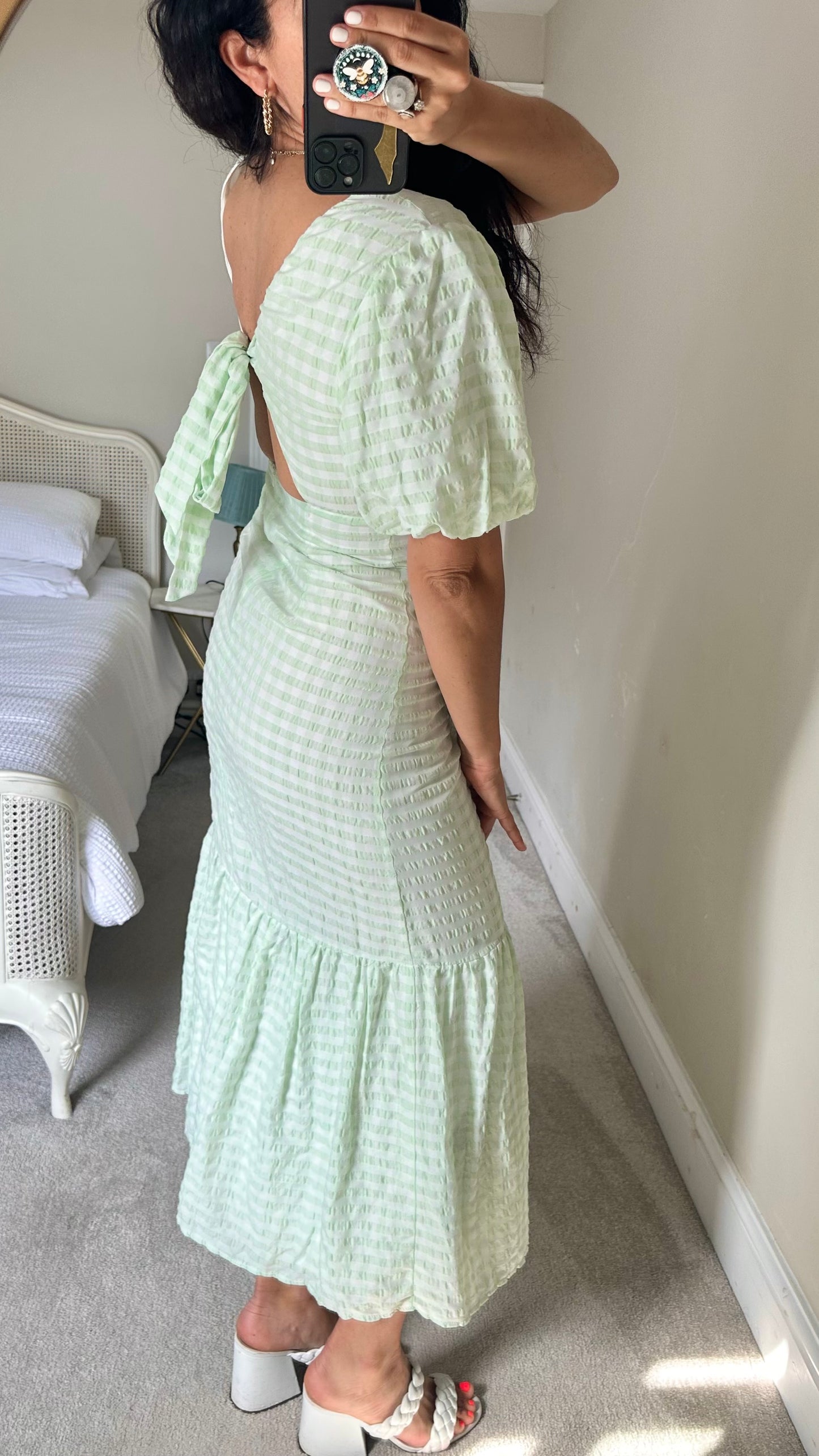 Warehouse light green white gingham check long maxi wedding guest holiday dress small UK 8 vgc