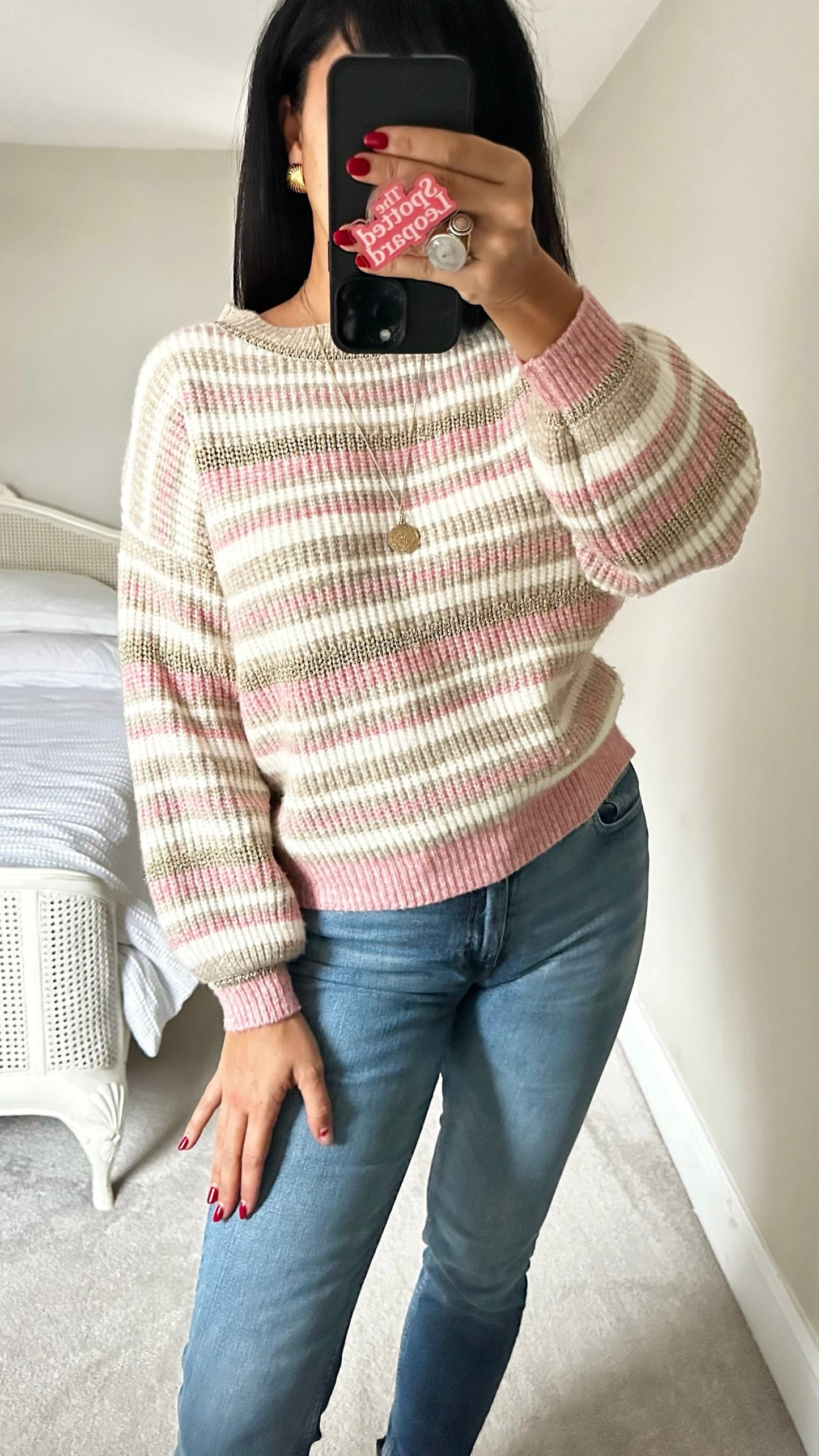 Oliver bonas pink cream white stripe shimmer knitted jumper small UK 8-10 vgc