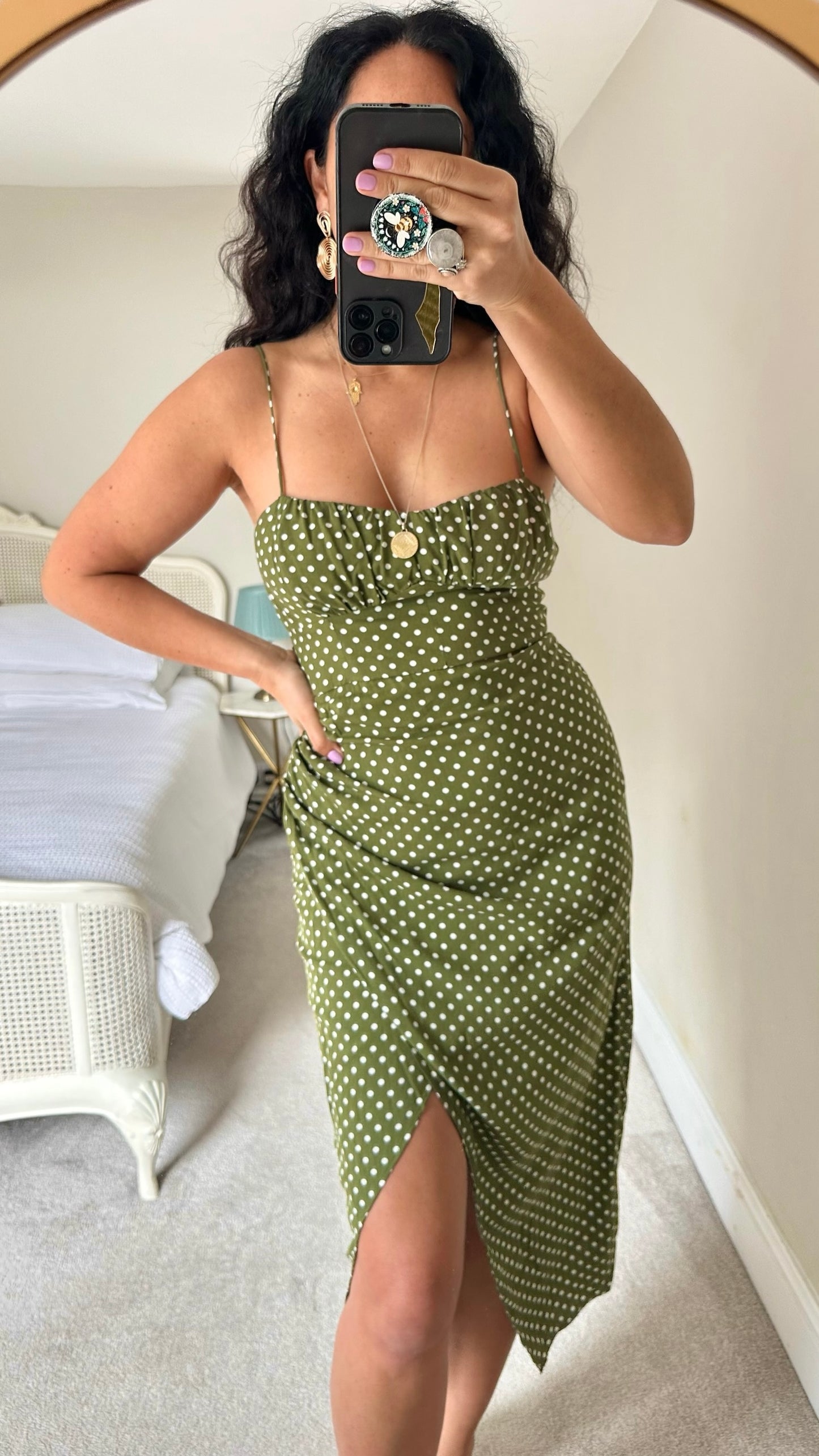 Zara khaki green white polka dot midi dress holiday large L UK 12 vgc