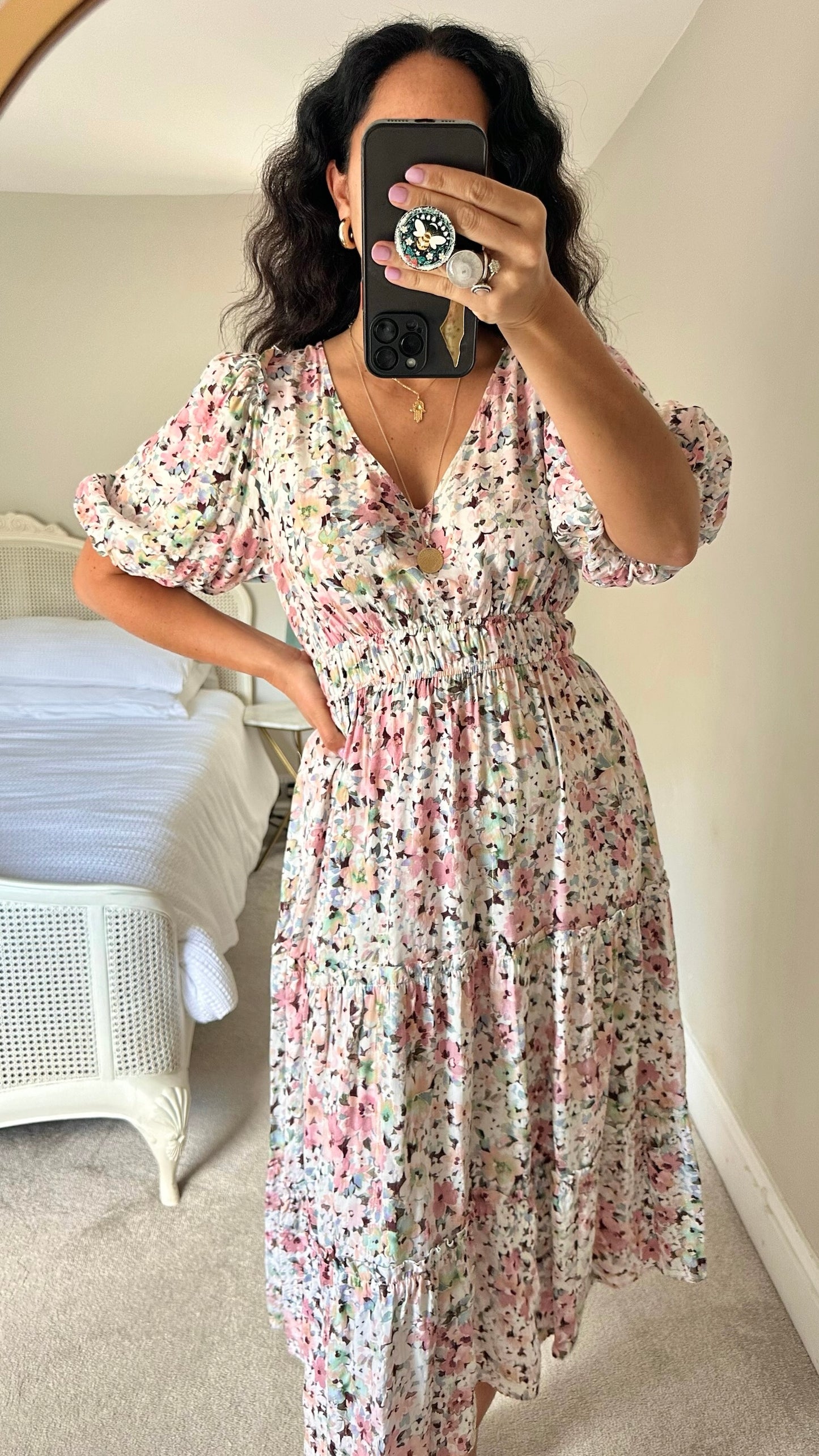 Oliver Bonas wedding guest pink floral midi dress extra large UK 14 vgc