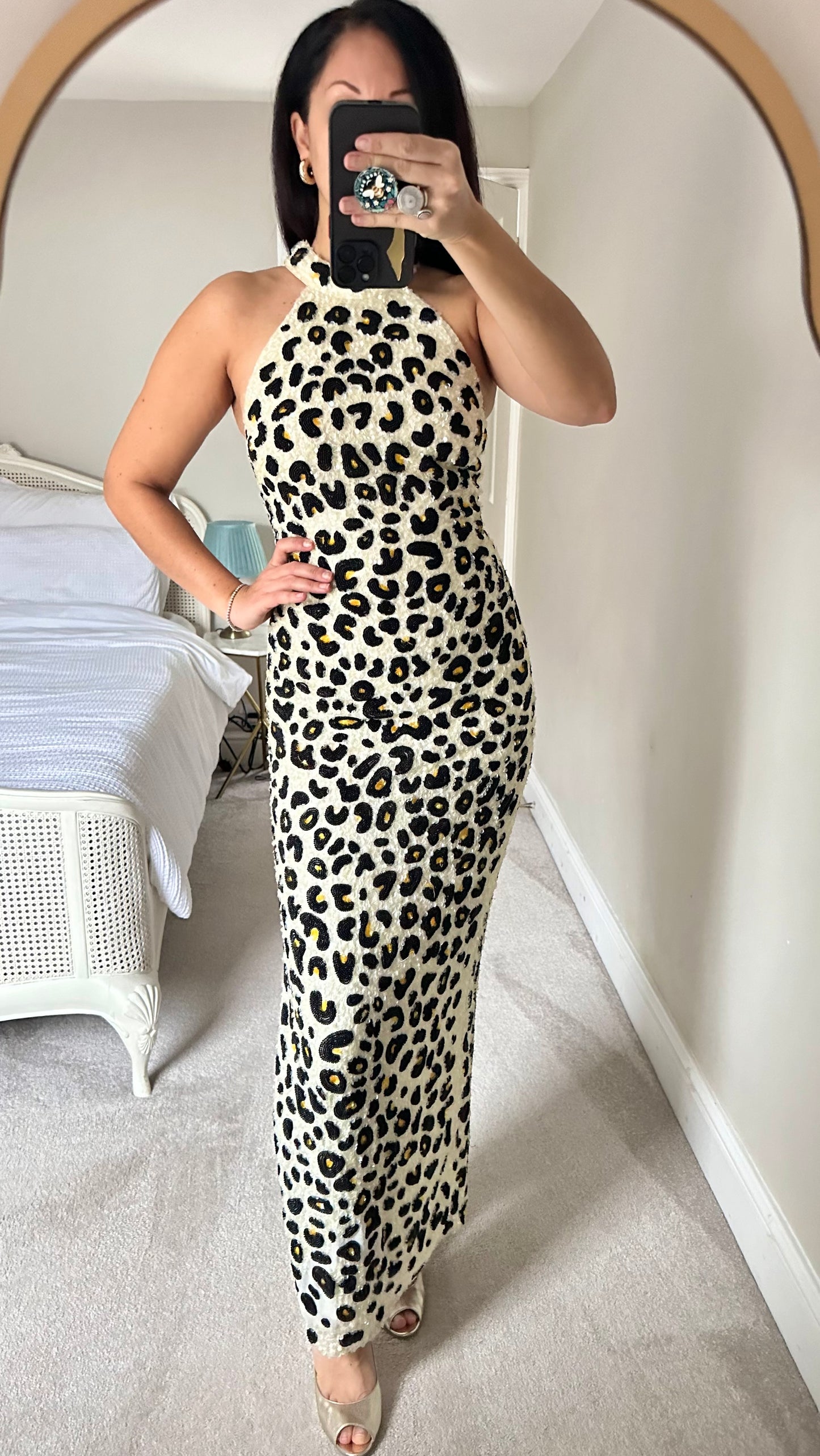 ASOS black tie party gala dress maxi long small UK 8 leopard print sequin leopard print