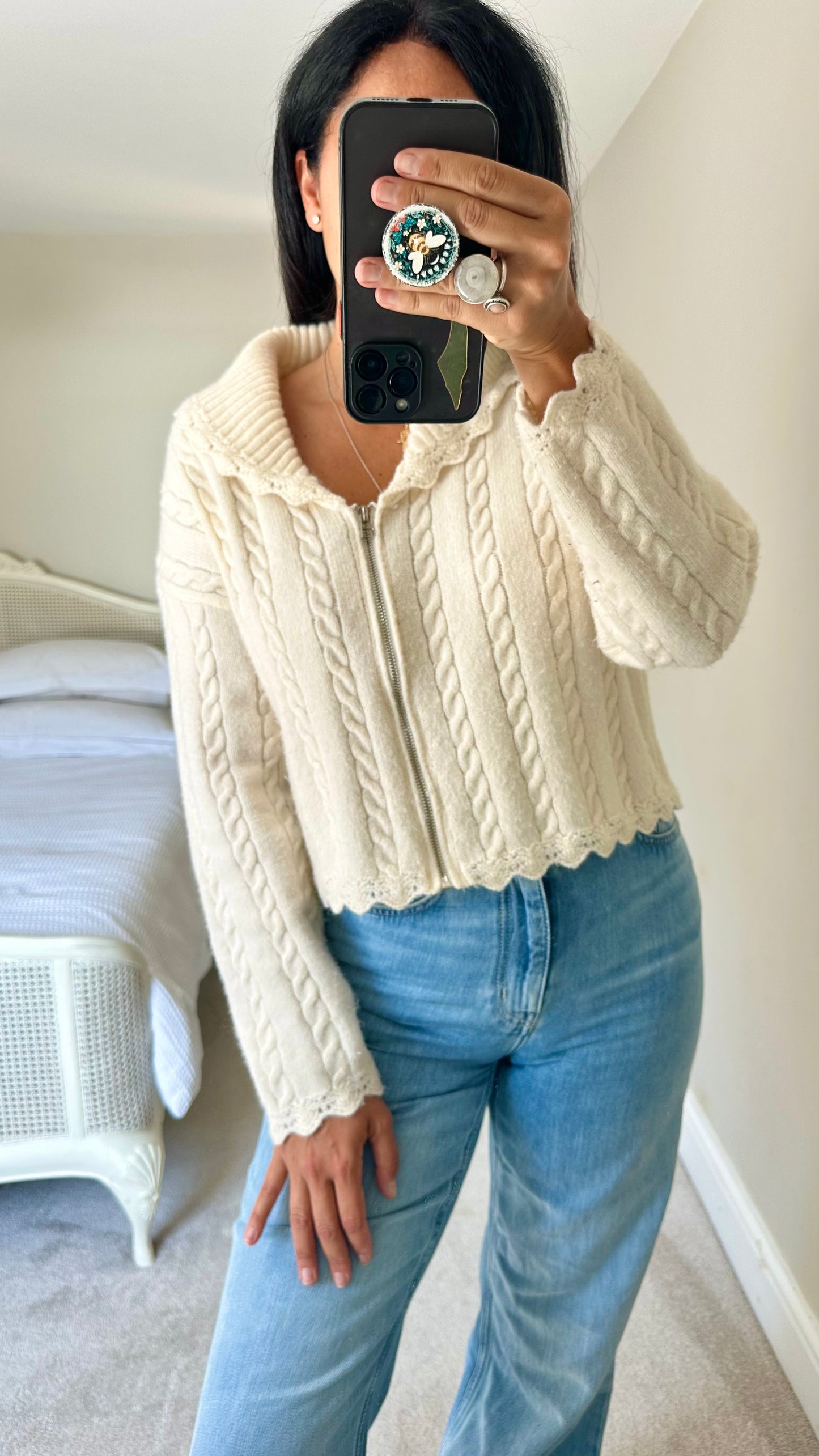 Olive white cream cable knit collared cardigan jumper large UK 12 vgc w25