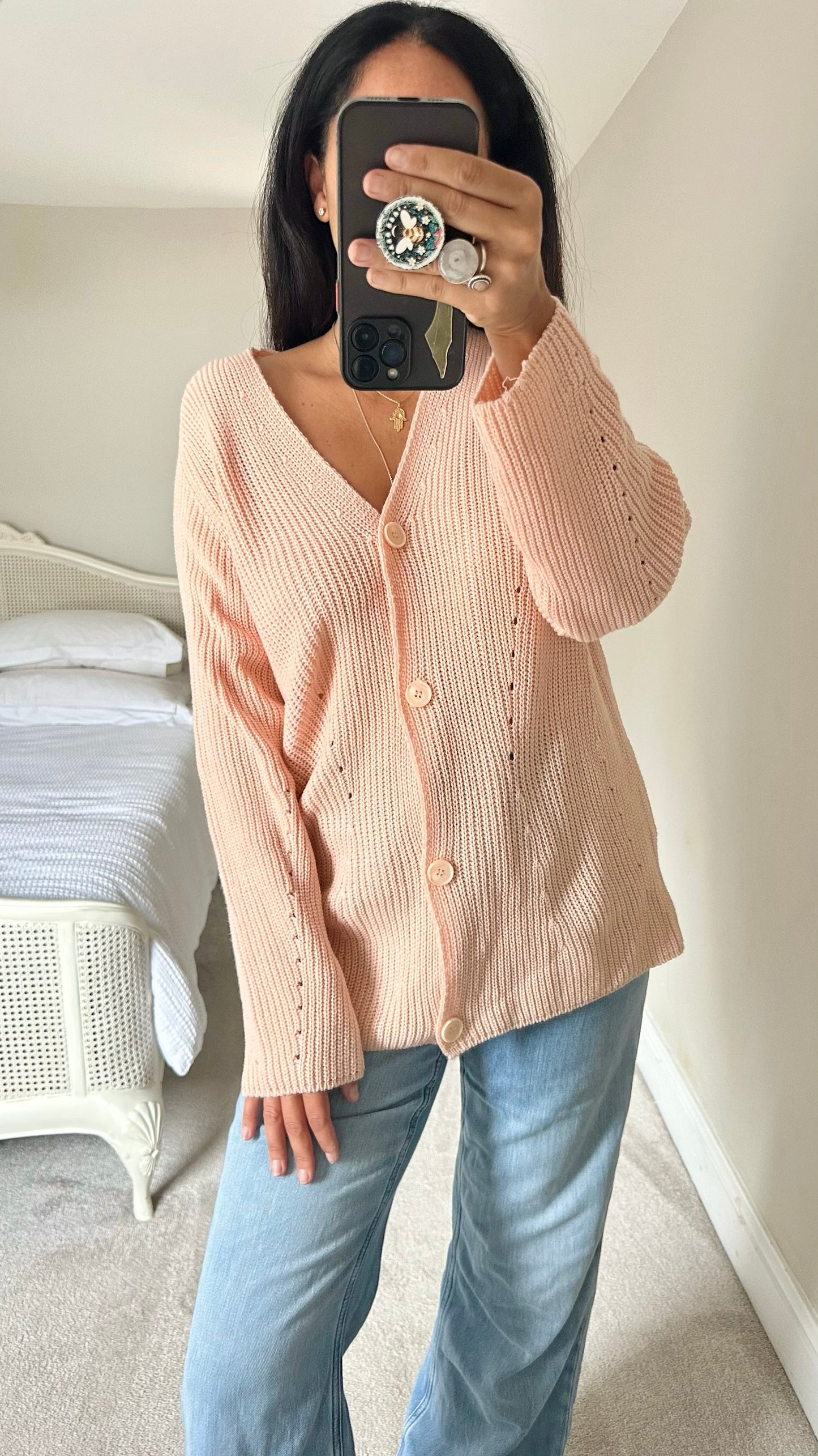 Olive soft pink oversized knitted button up cardigan L large UK 12-14 excellent used condition W25