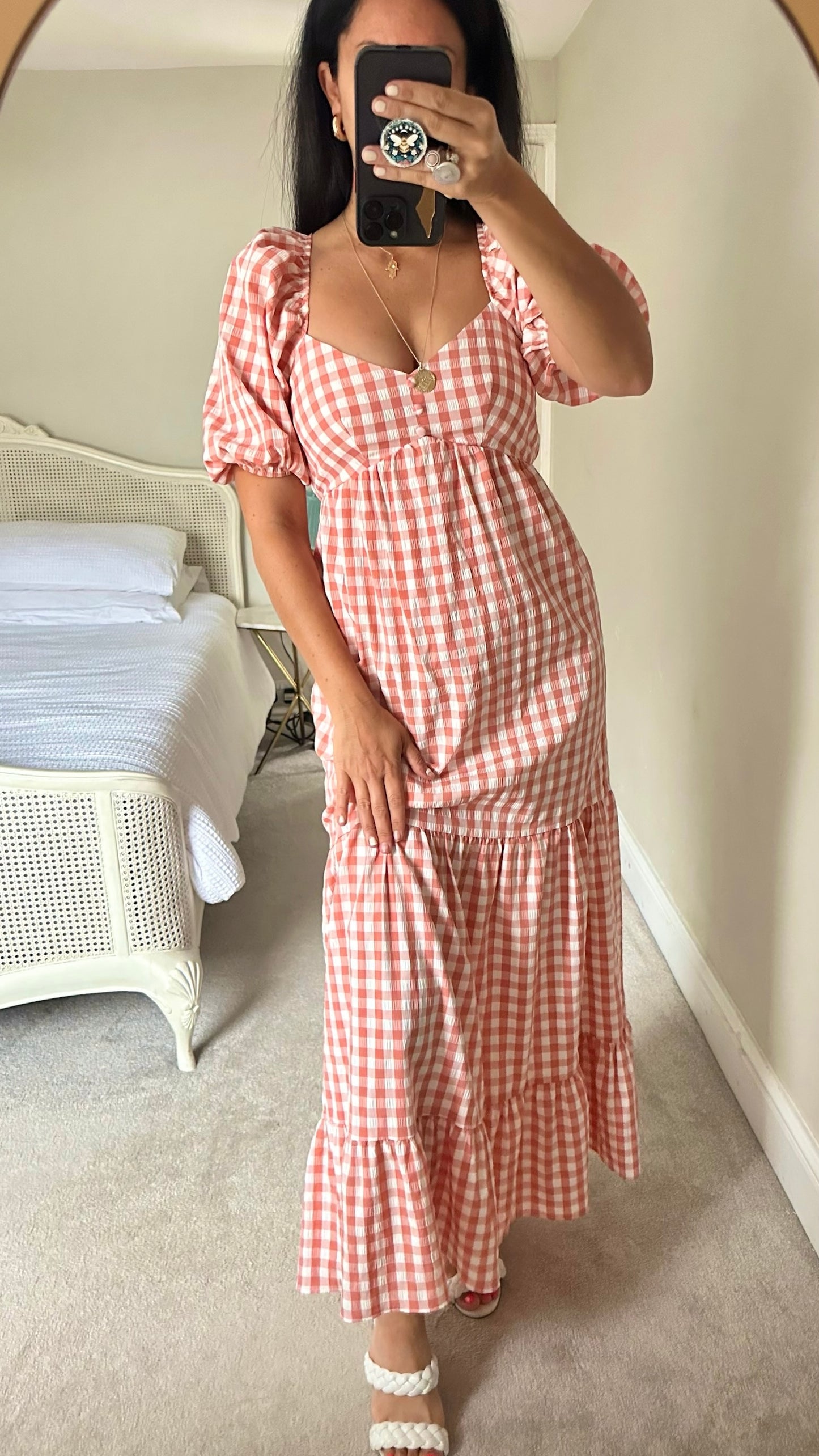 ASOS coral pink white gingham check backless tiered maxi long dress small S UK 8 vgc