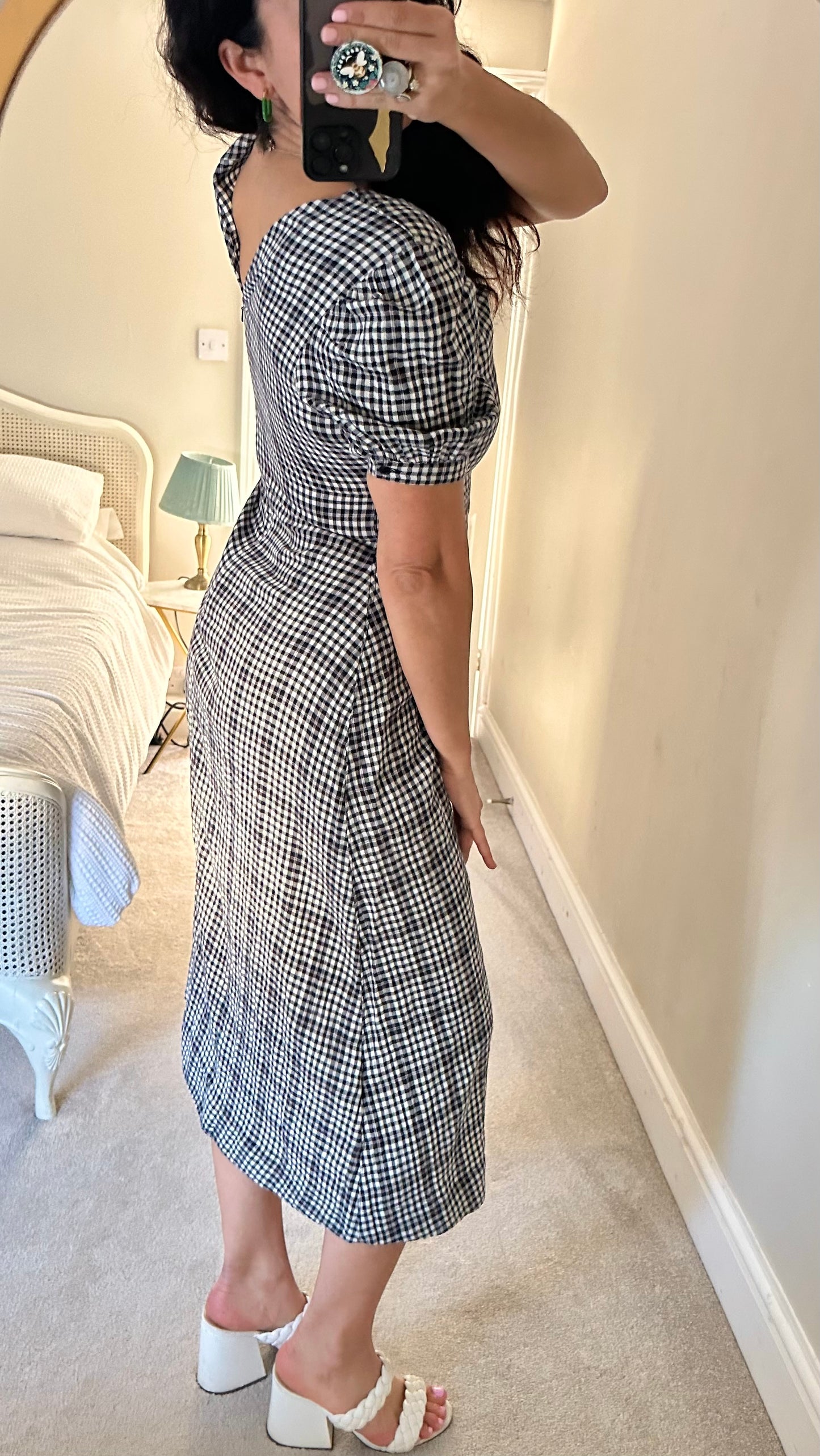Whistles black white gingham check midi long dress small UK 10 vgc
