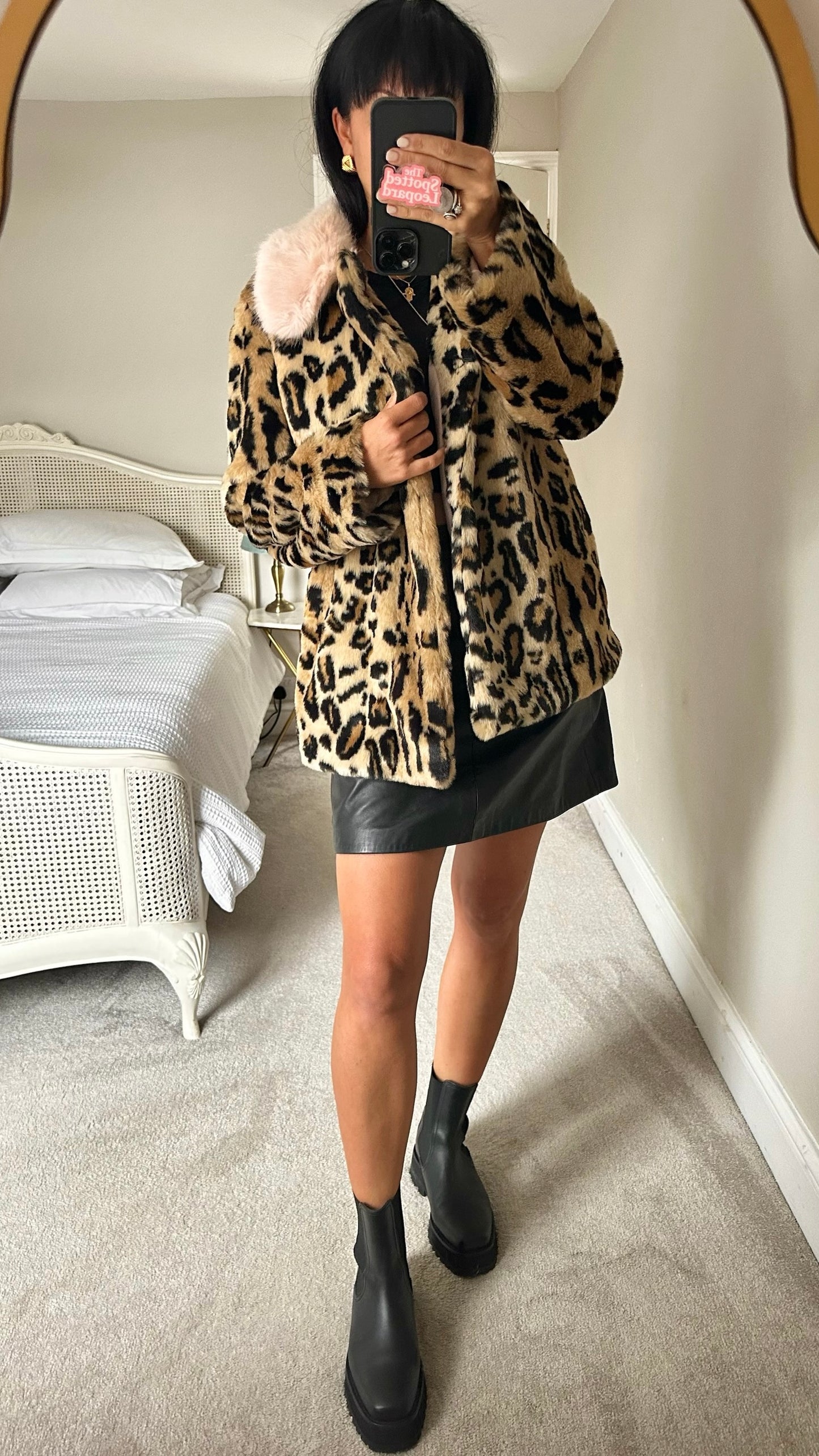 Topshop leopard print pink faux fur jacket coat large L UK 12 excellent used condition