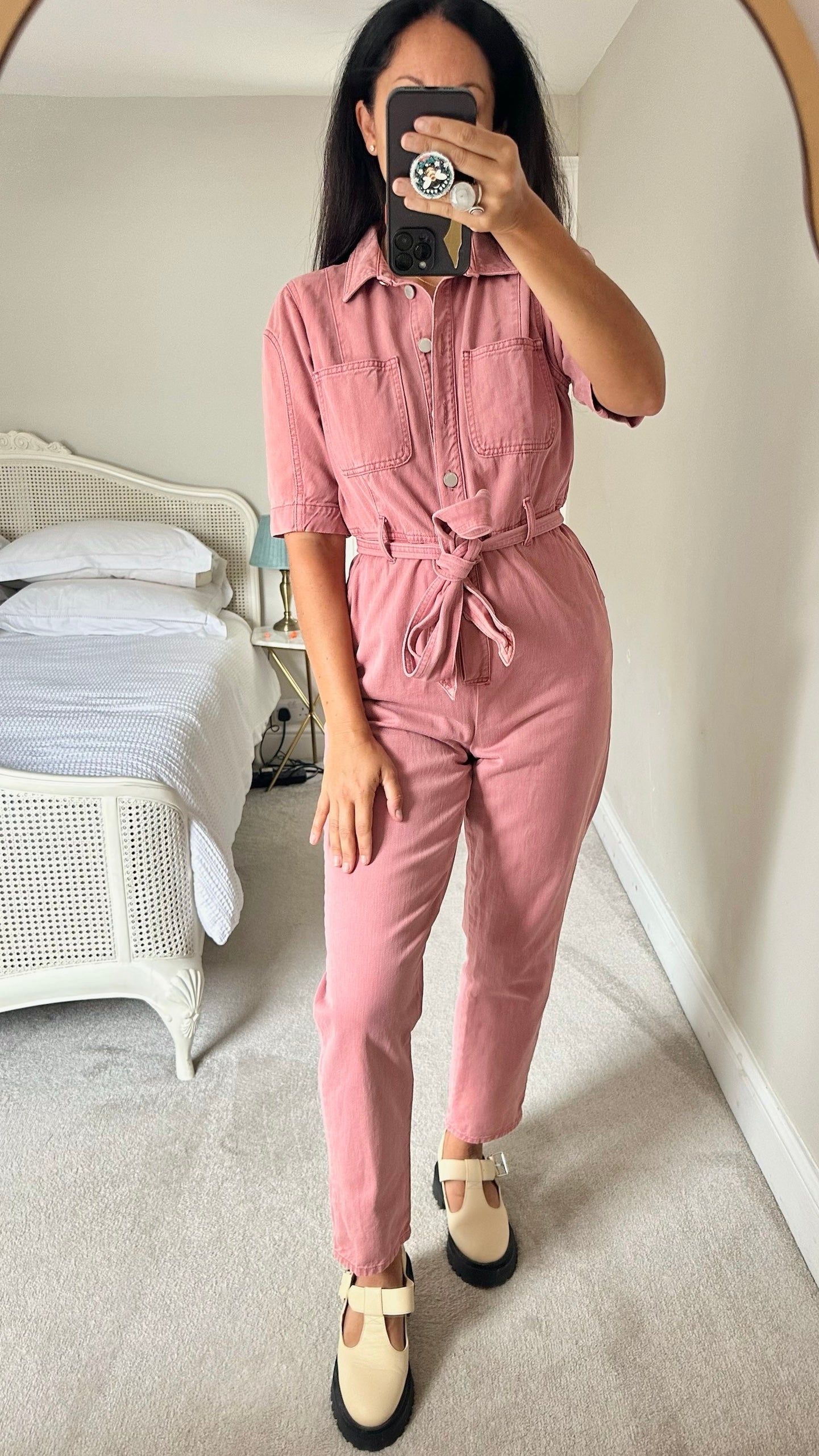 Mint velvet soft pink denim button up jumpsuit boilersuit L large UK 12 excellent used condition W25