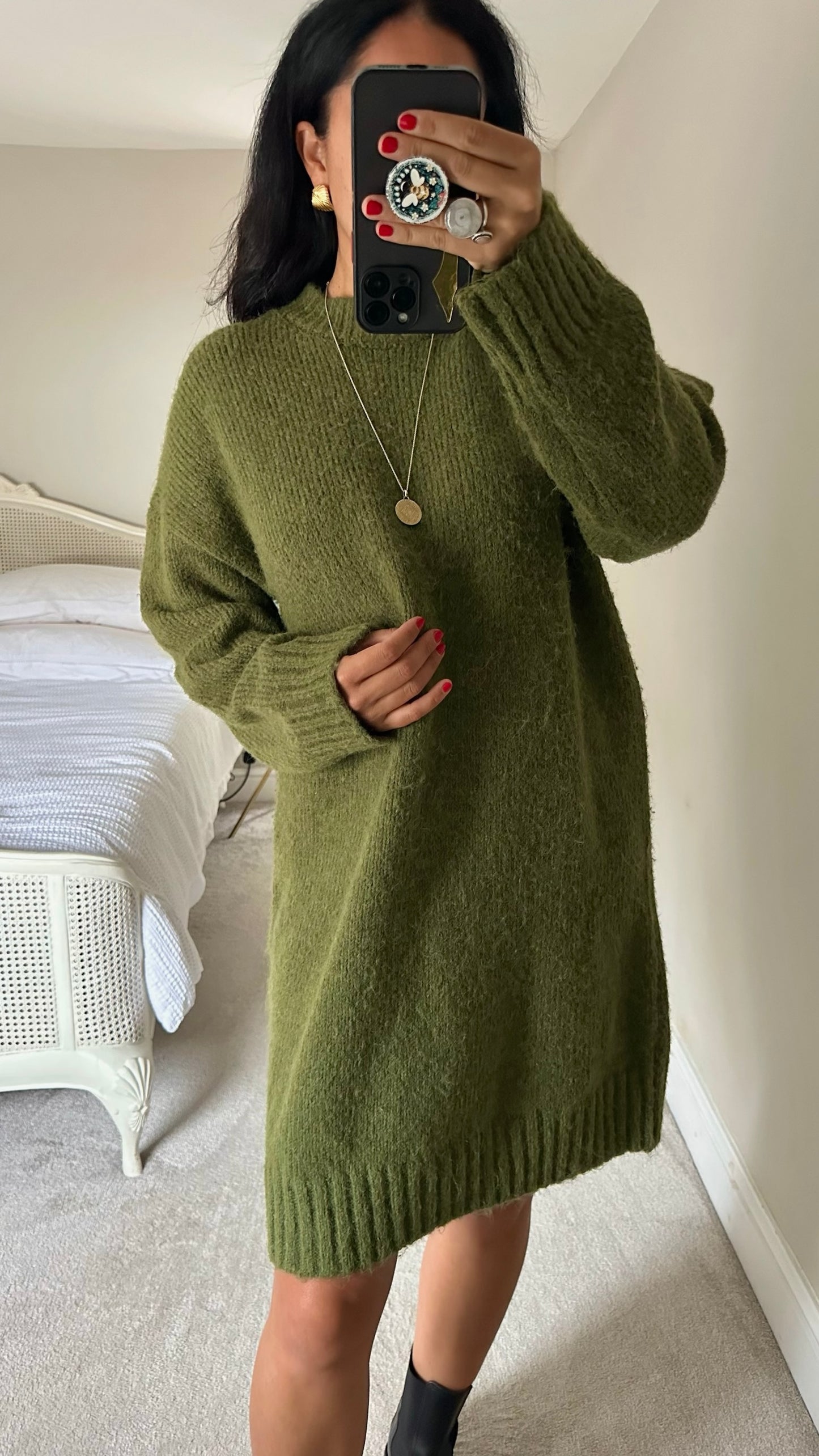 Topshop khaki olive green knitted jumper dress large UK 12 vgc w25