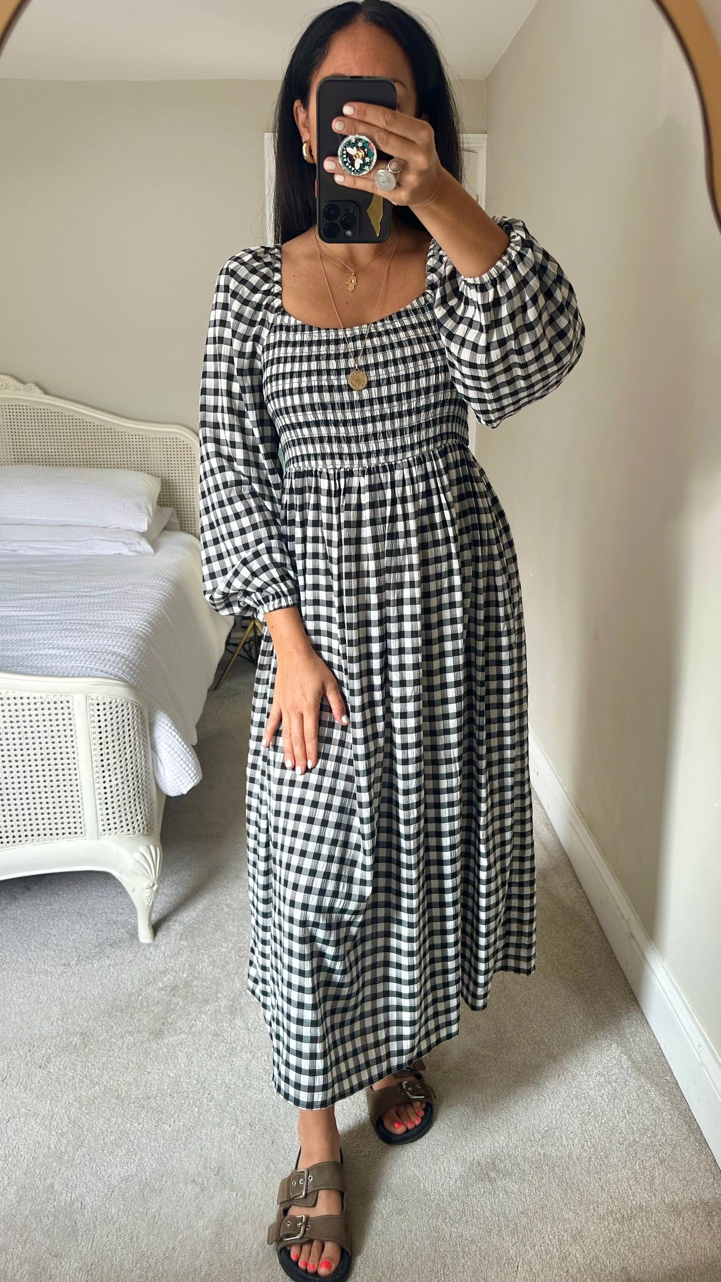 Mint Velvet black cream white gingham check midi long dress medium large UK 12-14 vgc