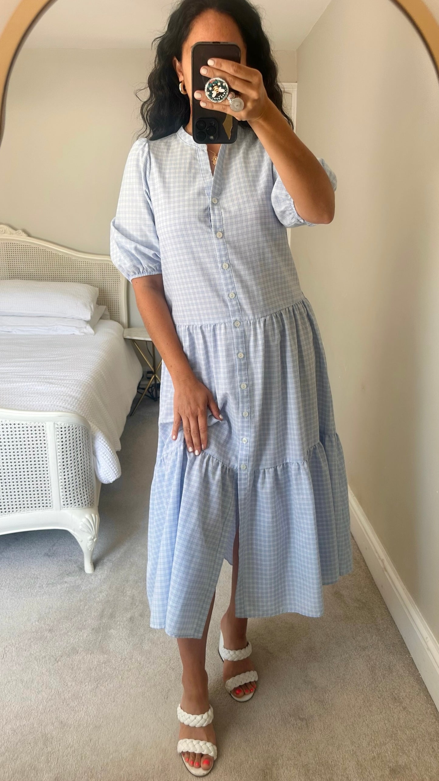 Nobody's Child blue white check gingham button down maxi dress medium UK 10 vgc