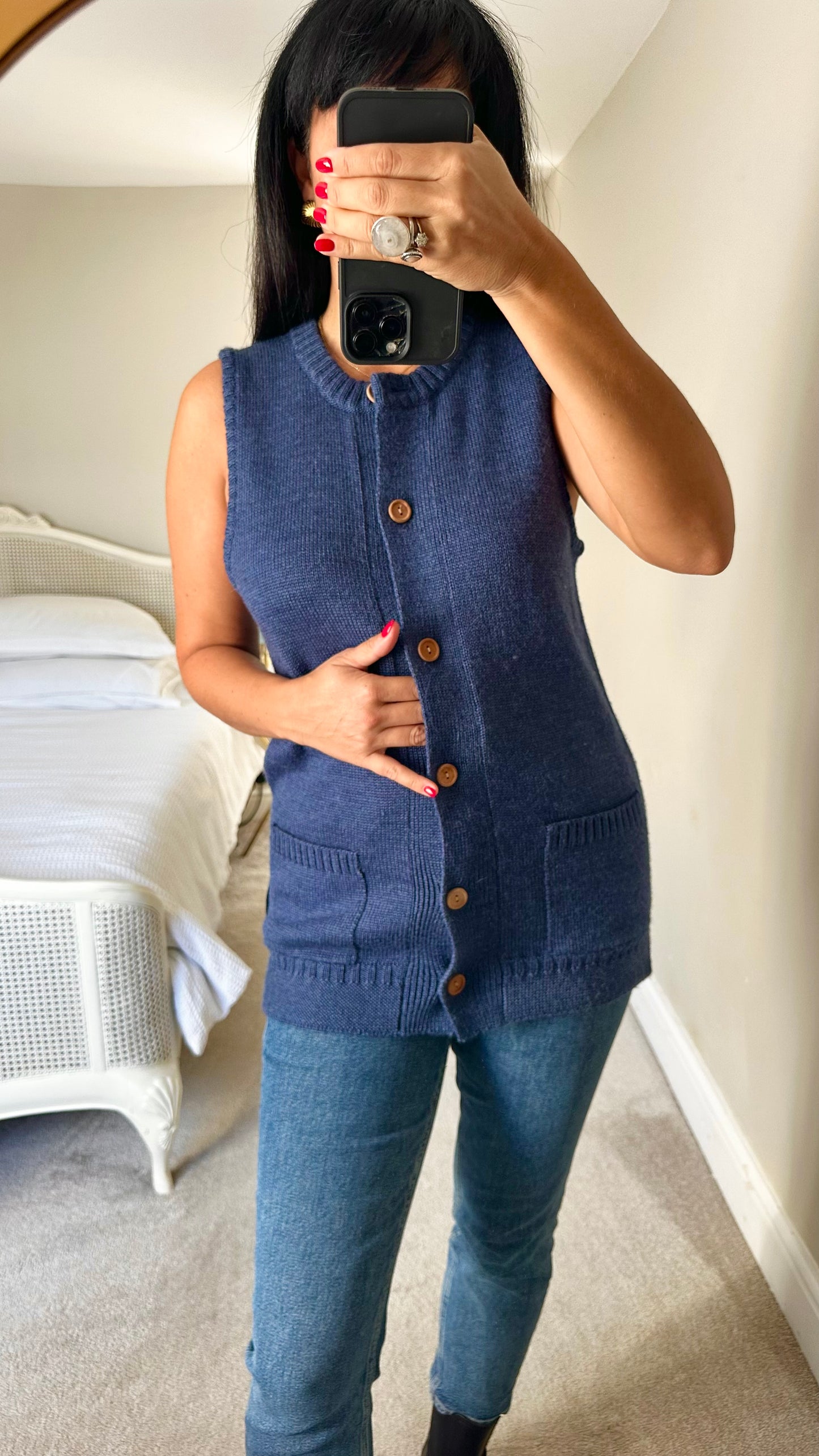 WoolOvers navy blue 100% wool knitted waistcoat vest small medium SM UK 8-10 excellent used condition