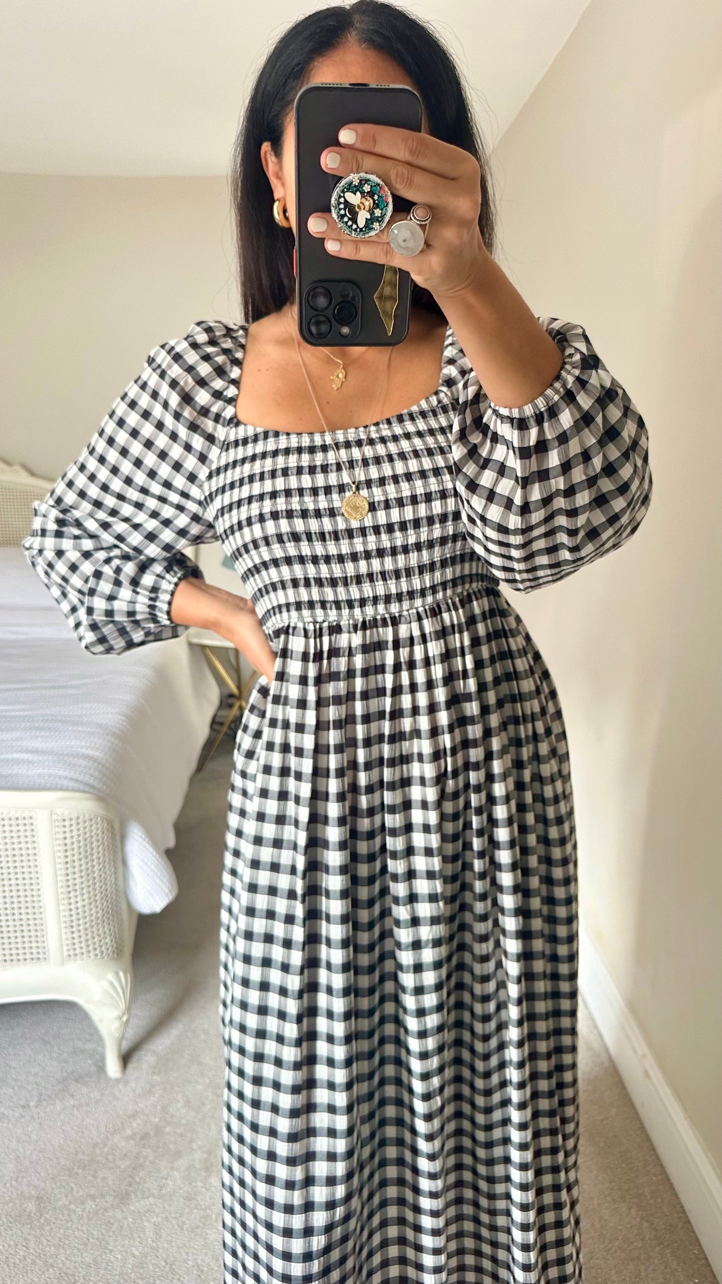 Mint Velvet black cream white gingham check midi long dress medium large UK 12-14 vgc