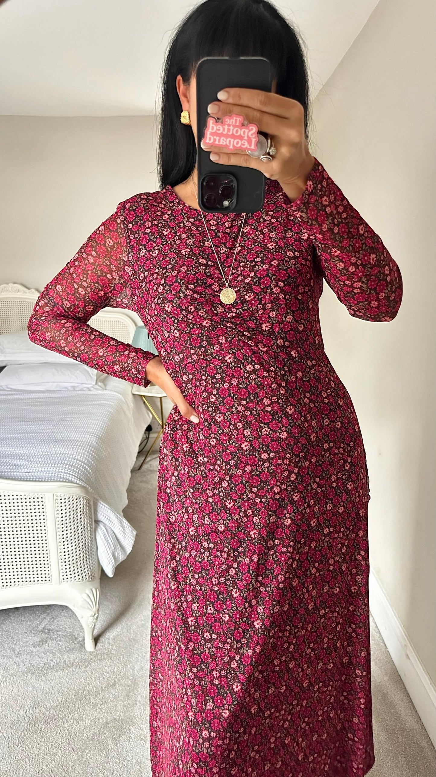 Forever new berry pink purple floral mesh long sleeve event midi maxi dress large UK 12