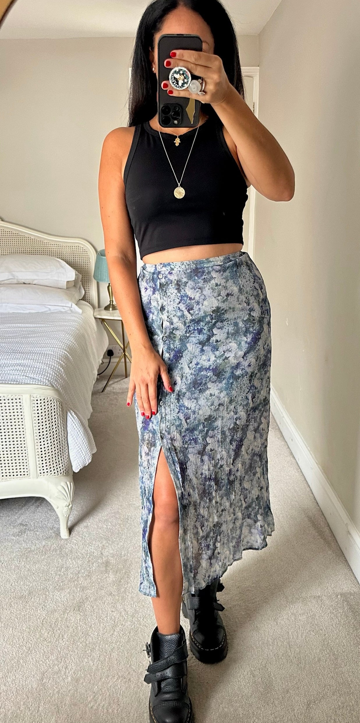 & other stories blue mottled sheer midi side split skirt event small UK 8 vgc w25
