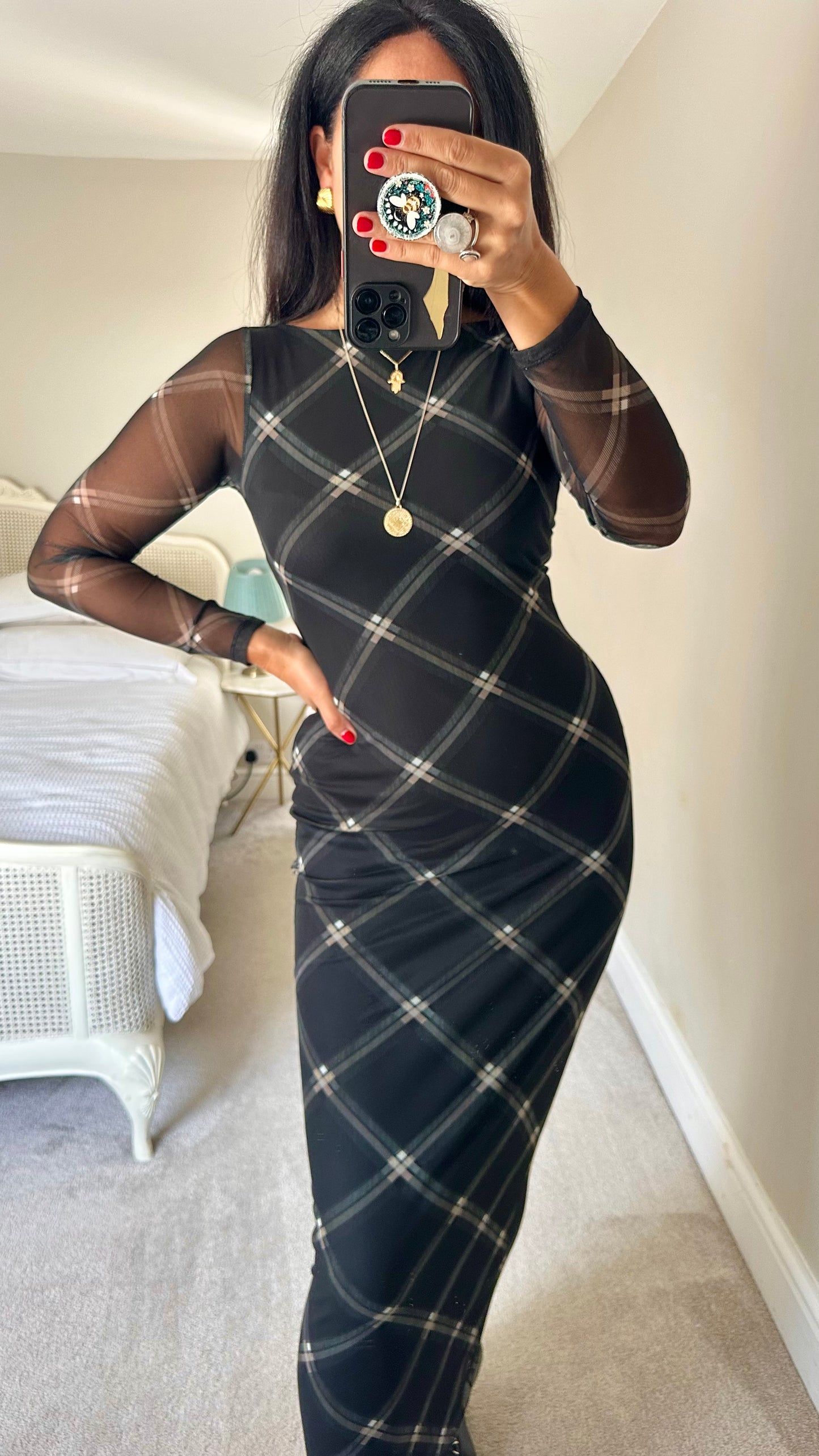 ASOS black gingham check maxi midi long event mesh dress small UK 8 10 vgc
