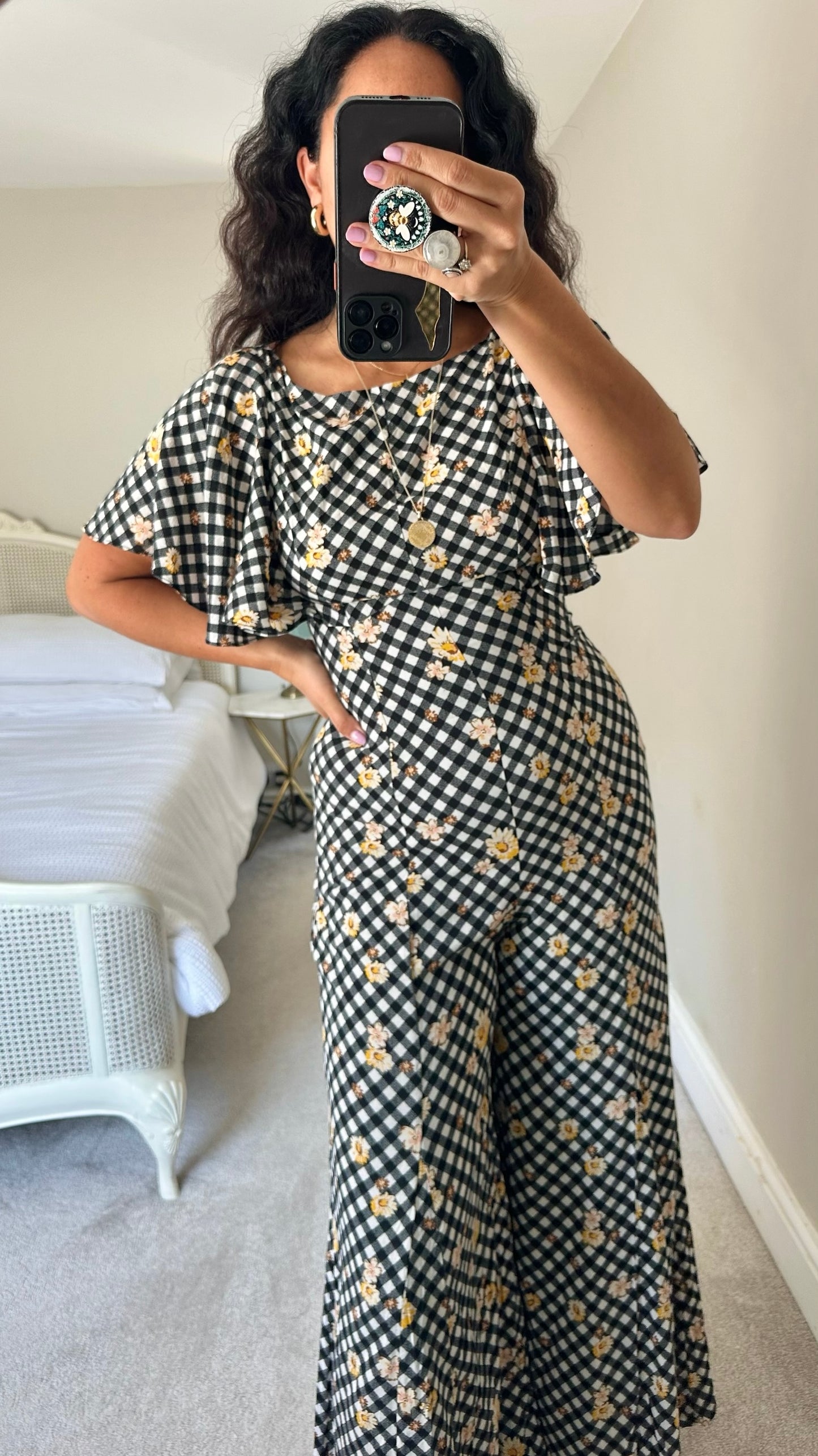 Free people @Anthropologie black white yellow gingham tie back jumpsuit small S UK 8-10 vgc