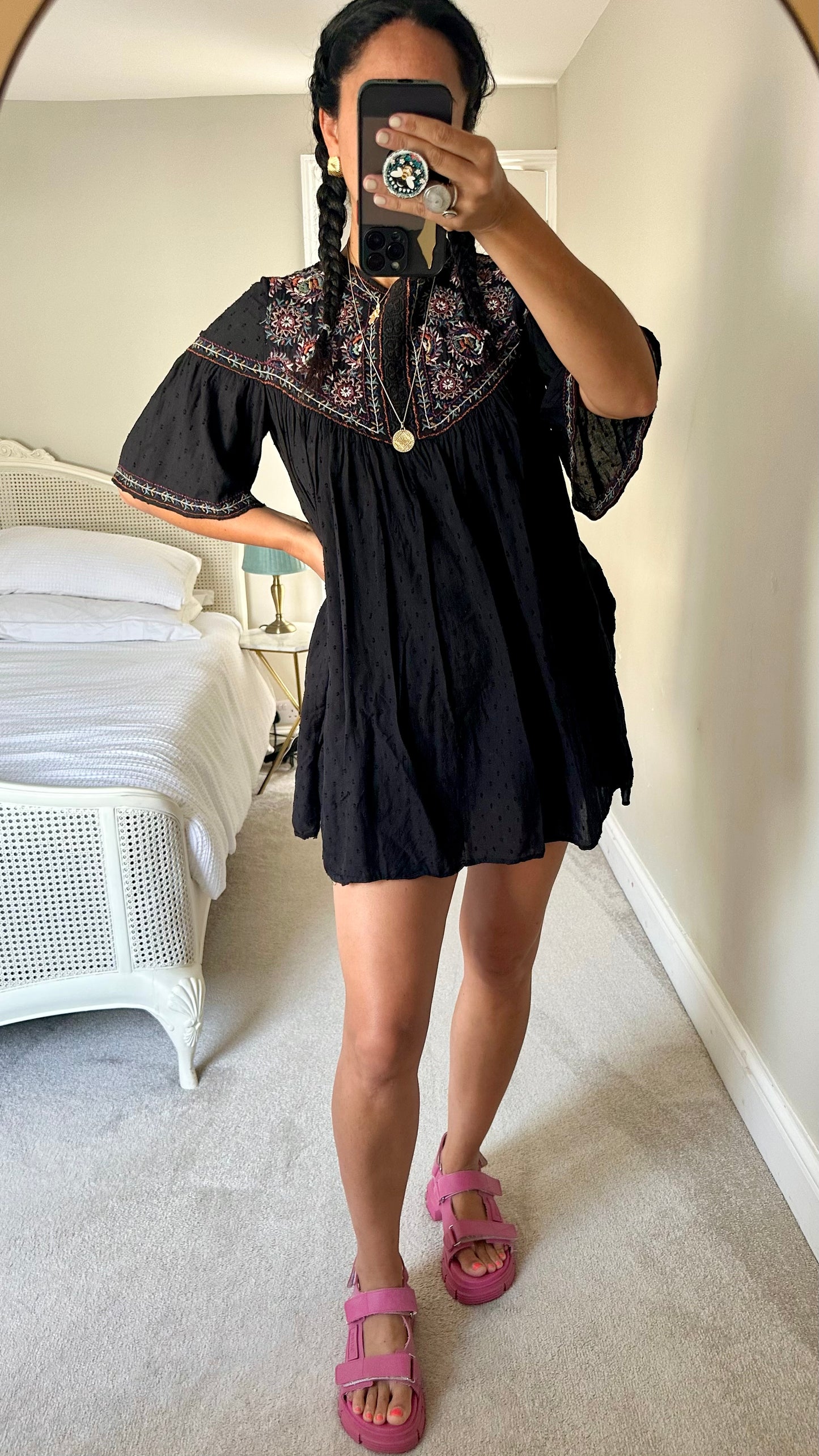 Zara black cotton playsuit shorts romper large UK 12 boho festival