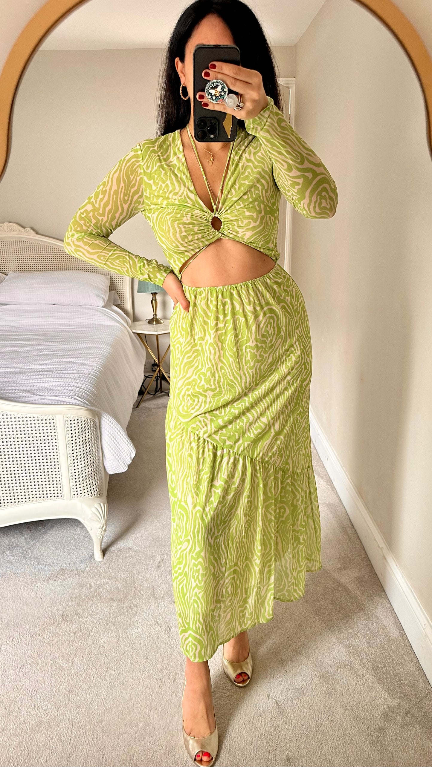 & other stories like green animal zebra print maxi holiday dress Ibiza cut out small UK 8 10 vgc