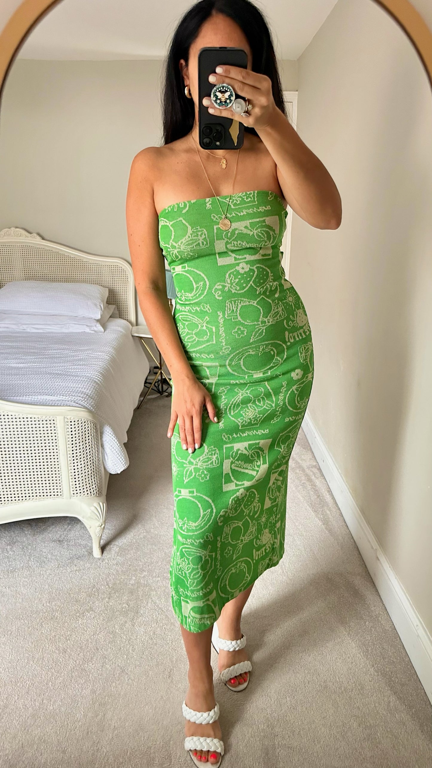 Damson madder green strapless backless holiday Italian print dress large UK 12 vgc