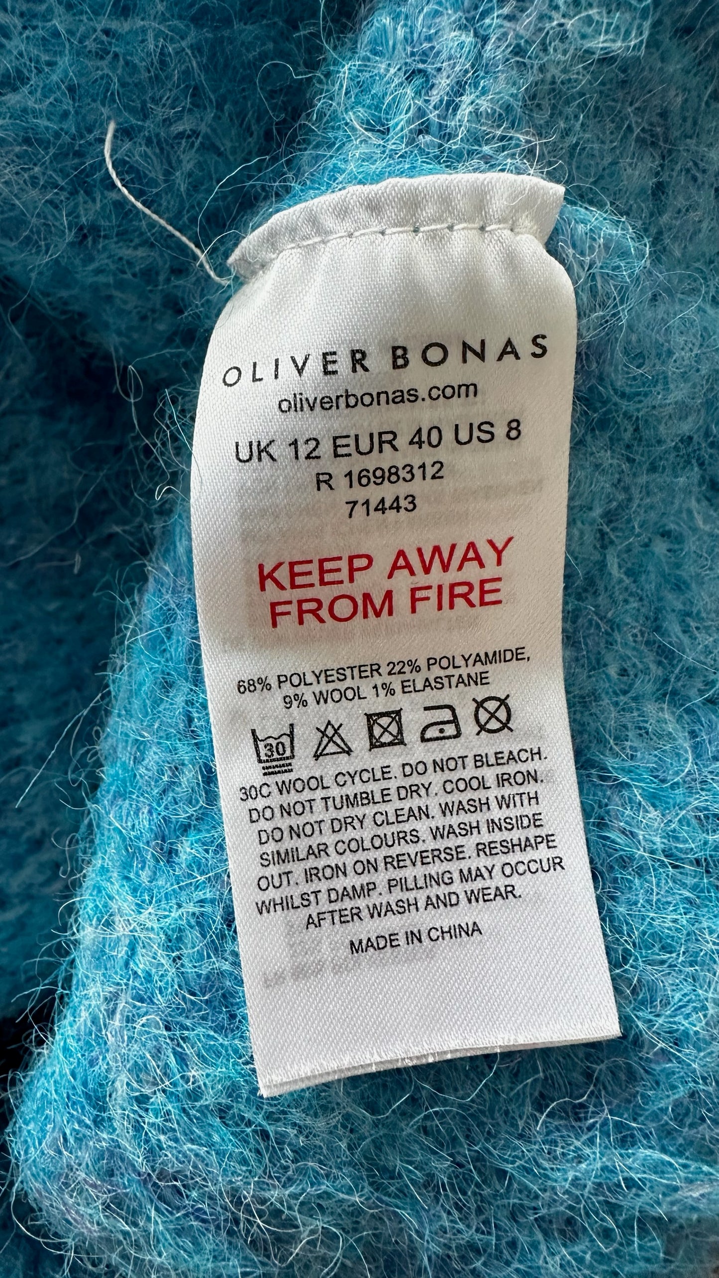 Oliver bonas vibrant blue wool blend knitted jumper UK 12 vgc