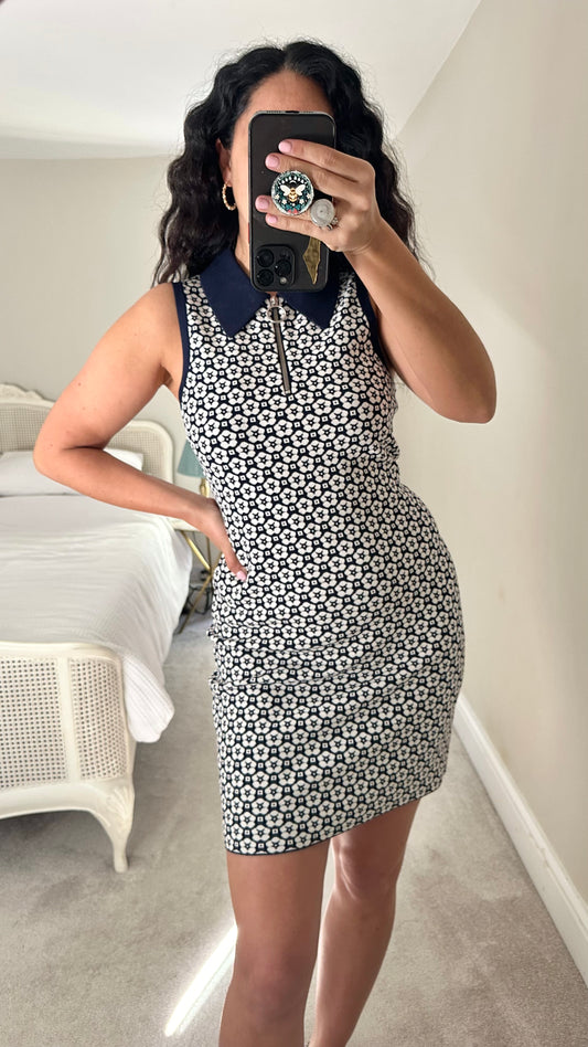 & other stories navy blue white floral zip up mini dress small UK 8 10 new bnwot